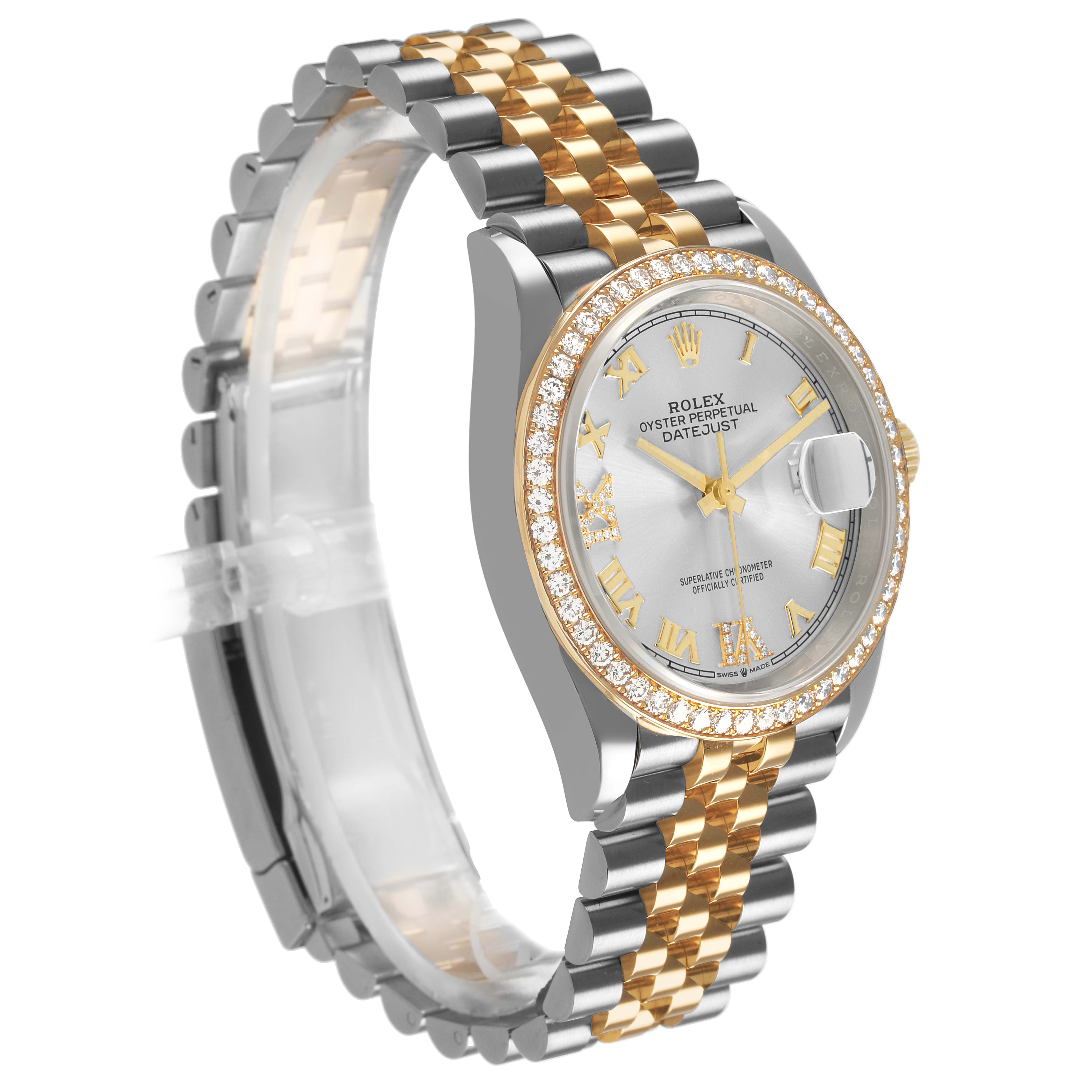 The Rolex Datejust 126283RBR Men's Steel and Gold (two tone) Silver Dial watch is shown at a three-quarter angle, highlighting its face, bezel, and Jubilee bracelet.