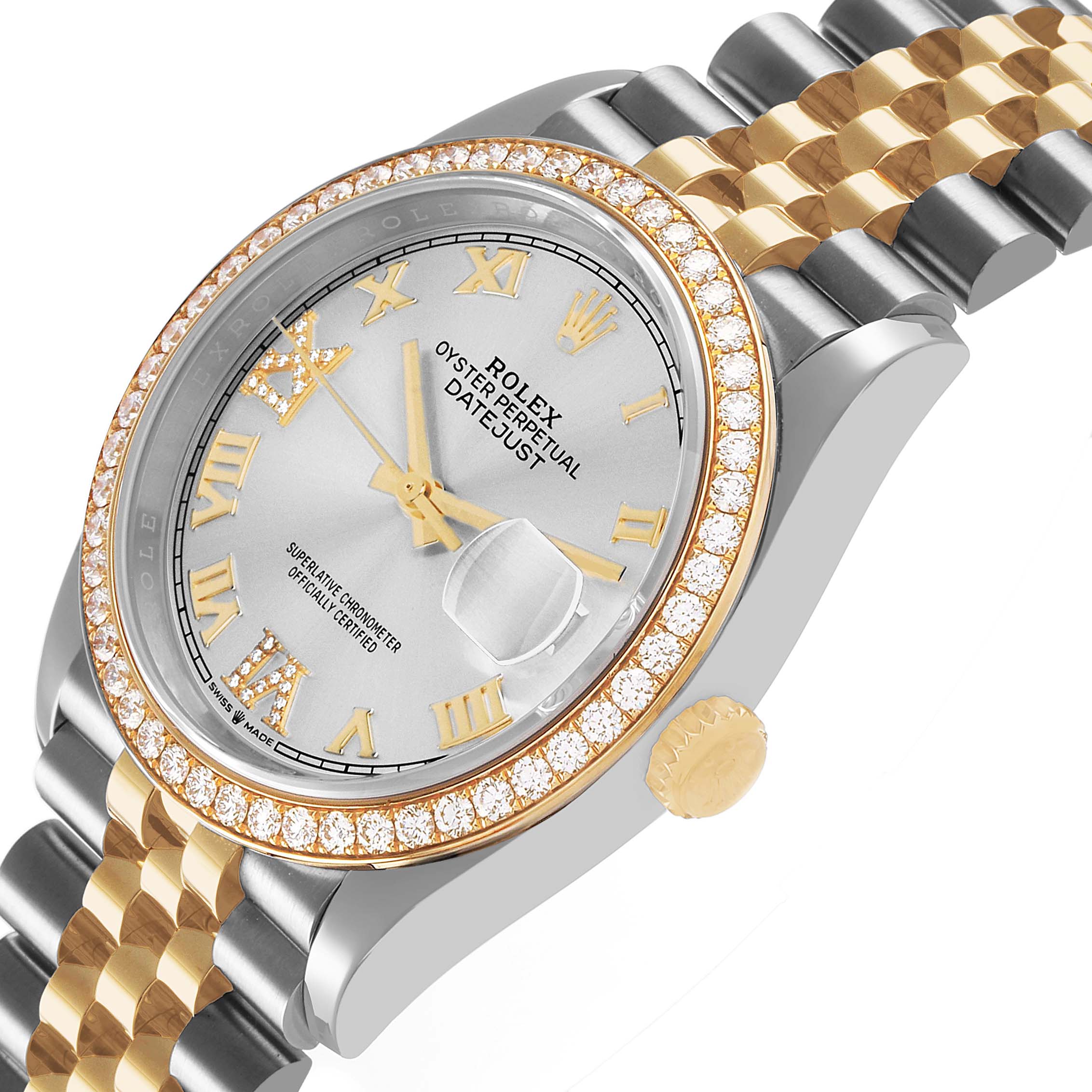 The Rolex Datejust 126283RBR Men's Steel and Gold (two tone) Silver Dial watch is shown at a tilted angle, highlighting its diamond bezel, crown, and two-tone bracelet.