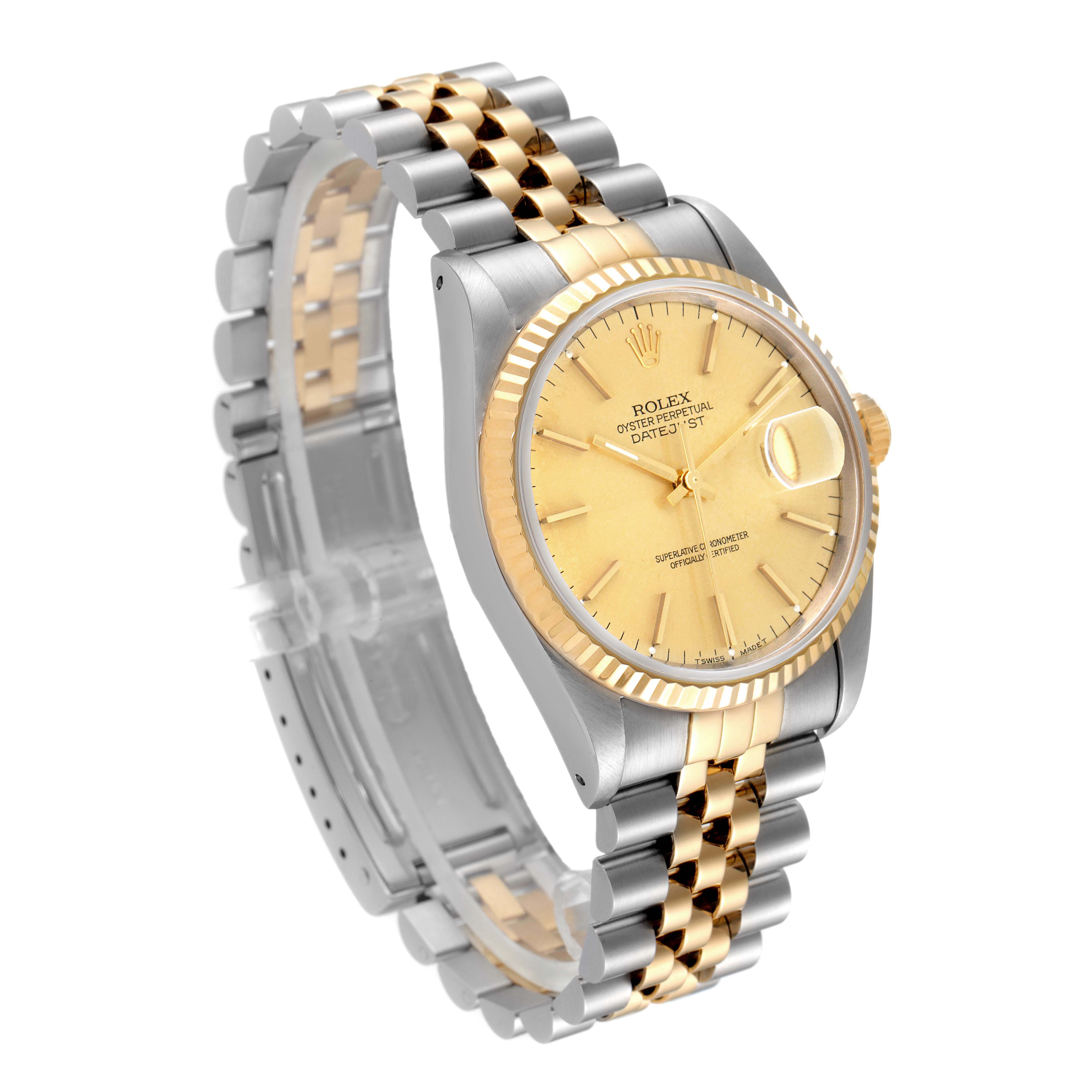 The image shows a Rolex Datejust 16233 Men's Steel and Gold (two tone) Champagne Dial 16233 Men's Steel and Gold (two tone) Champagne Dial watch at an angle revealing its face, bezel, and two-tone bracelet.