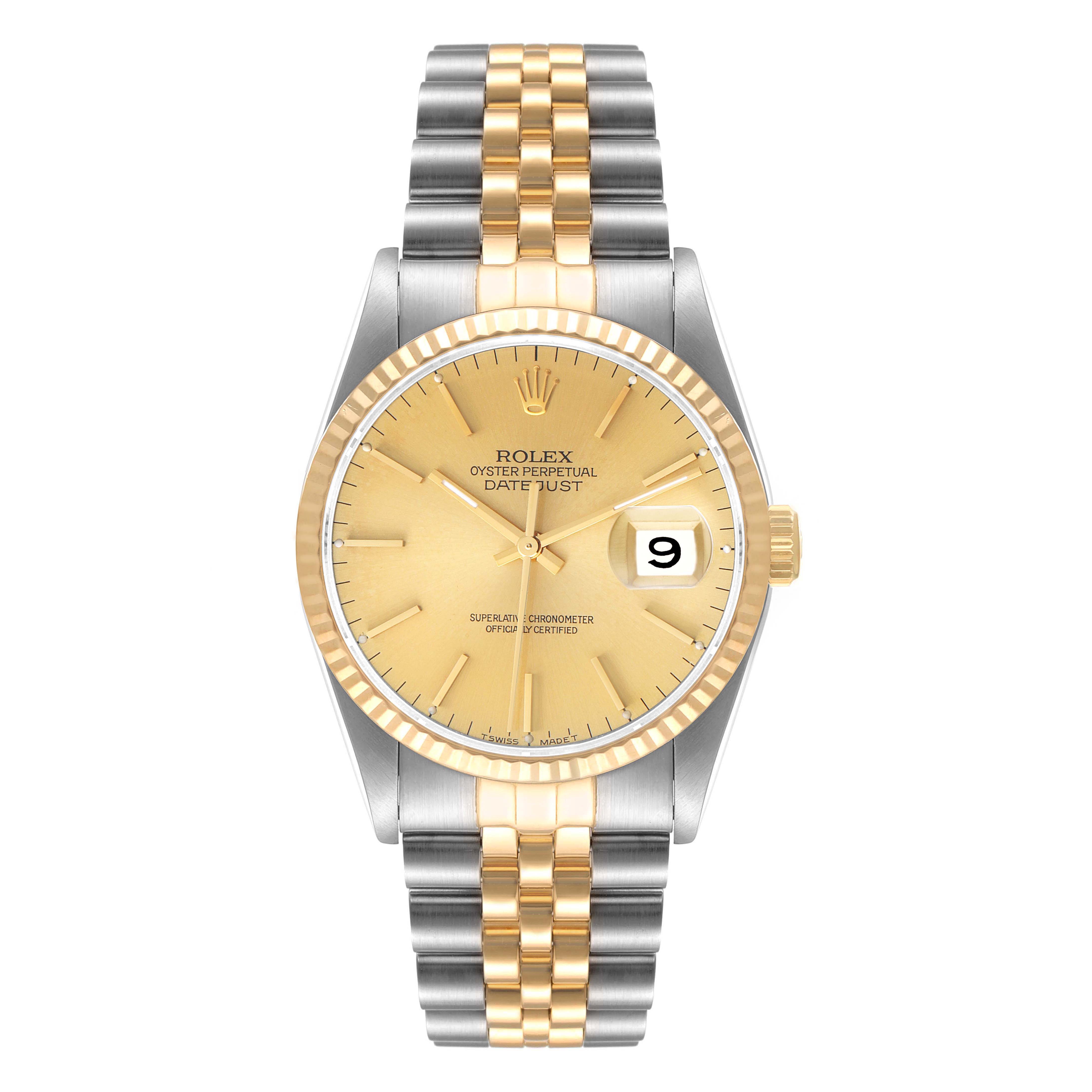 The image shows a frontal view of the Rolex Datejust 16233 Men's Steel and Gold (two tone) Champagne Dial 16233 Men's Steel and Gold (two tone) Champagne Dial watch featuring a gold dial, fluted bezel, and two-tone Jubilee bracelet.