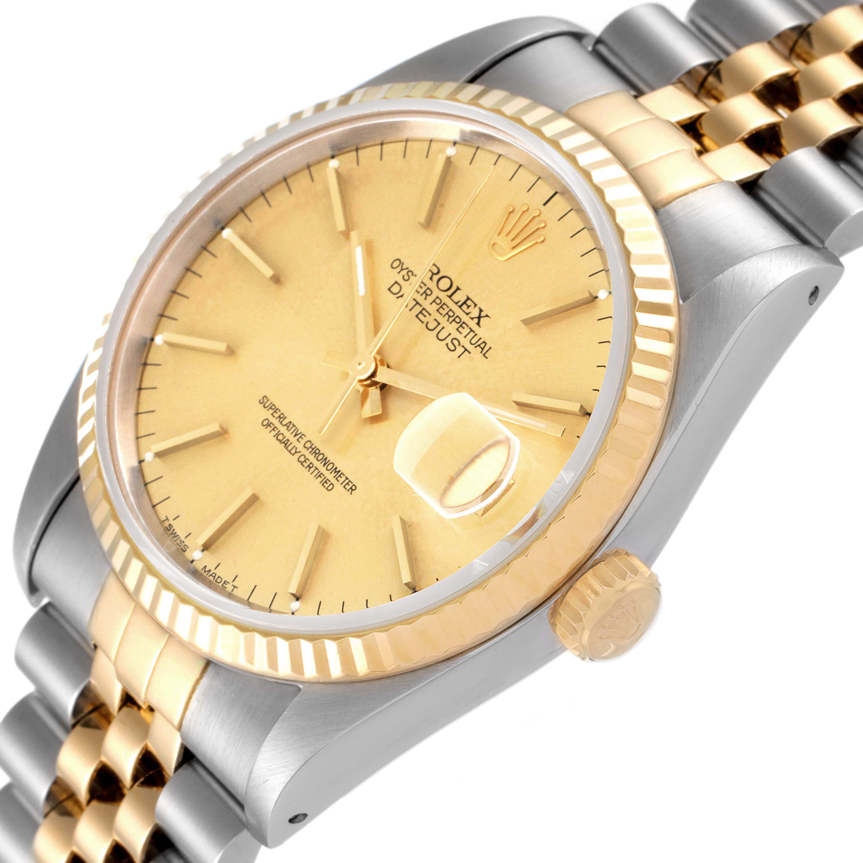 The image shows a Rolex Datejust 16233 Men's Steel and Gold (two tone) Champagne Dial 16233 Men's Steel and Gold (two tone) Champagne Dial watch at an angled side view, highlighting its bezel, crown, dial, and part of the bracelet.