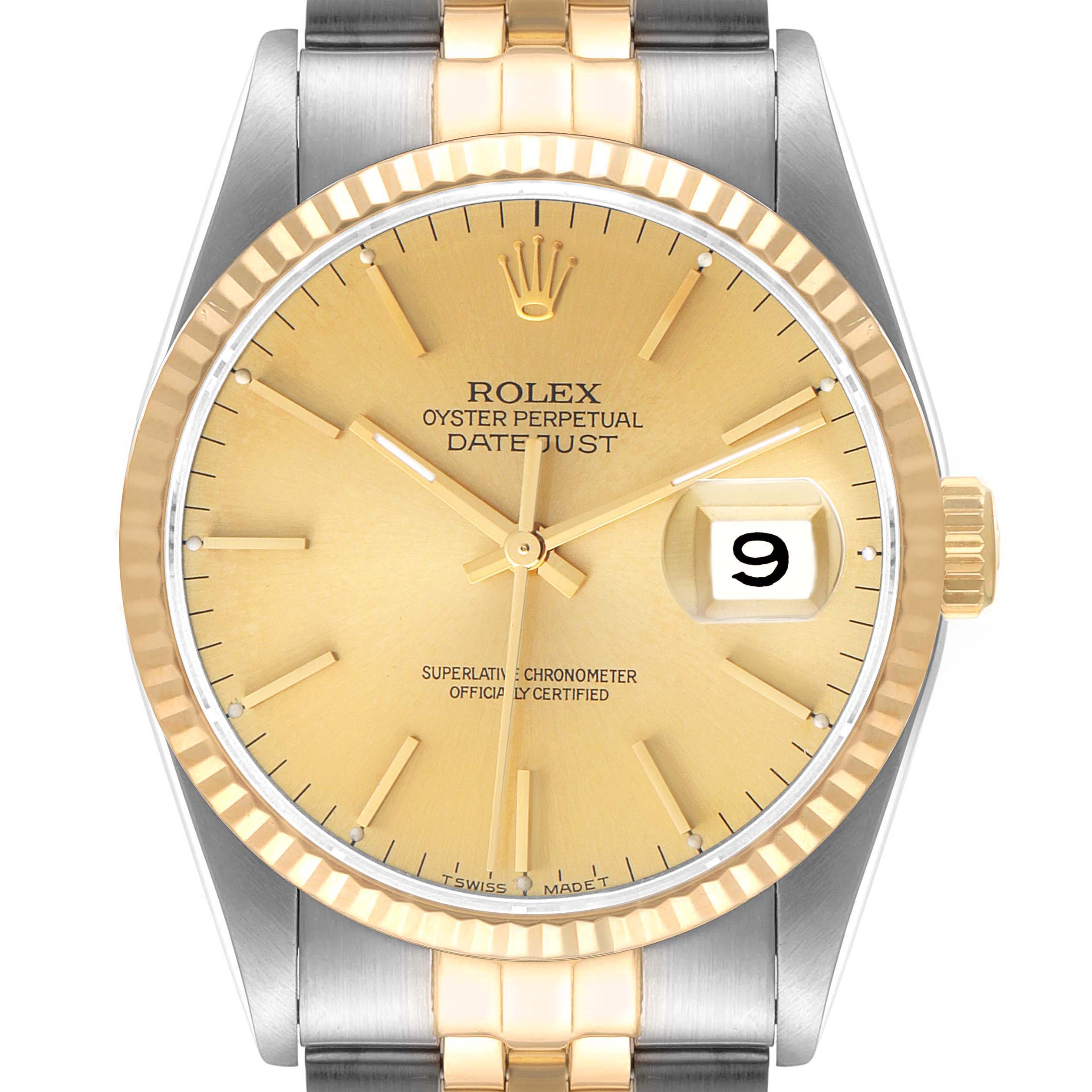 The image shows a frontal view of a Rolex Datejust 16233 Men's Steel and Gold (two tone) Champagne Dial 16233 Men's Steel and Gold (two tone) Champagne Dial watch, highlighting the dial, bezel, crown, and part of the bracelet.