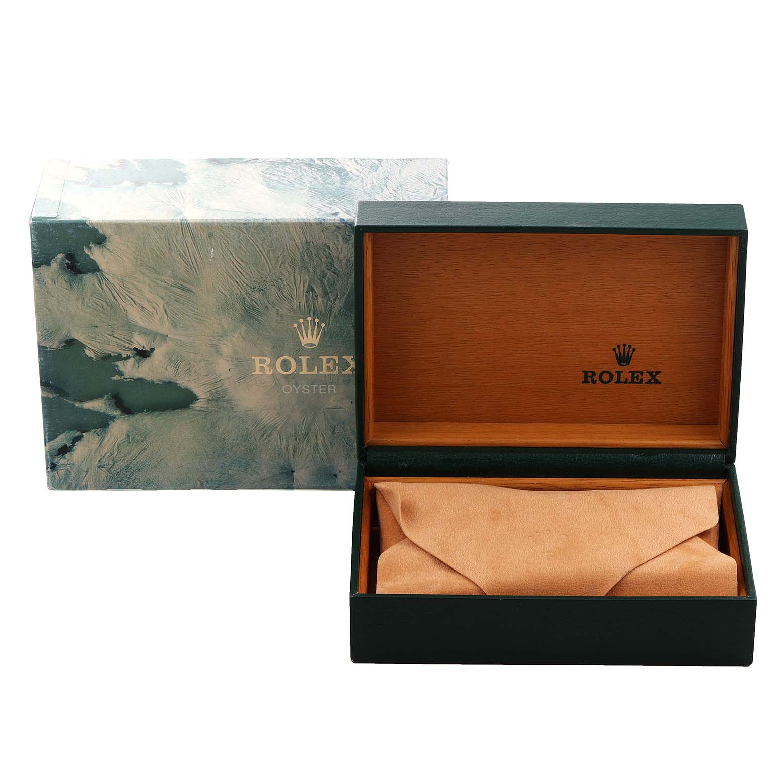 The image shows an open Rolex Datejust 16233 Men's Steel and Gold (two tone) Champagne Dial 16233 Men's Steel and Gold (two tone) Champagne Dial watch box with a protective pouch inside and the outer packaging in the background.