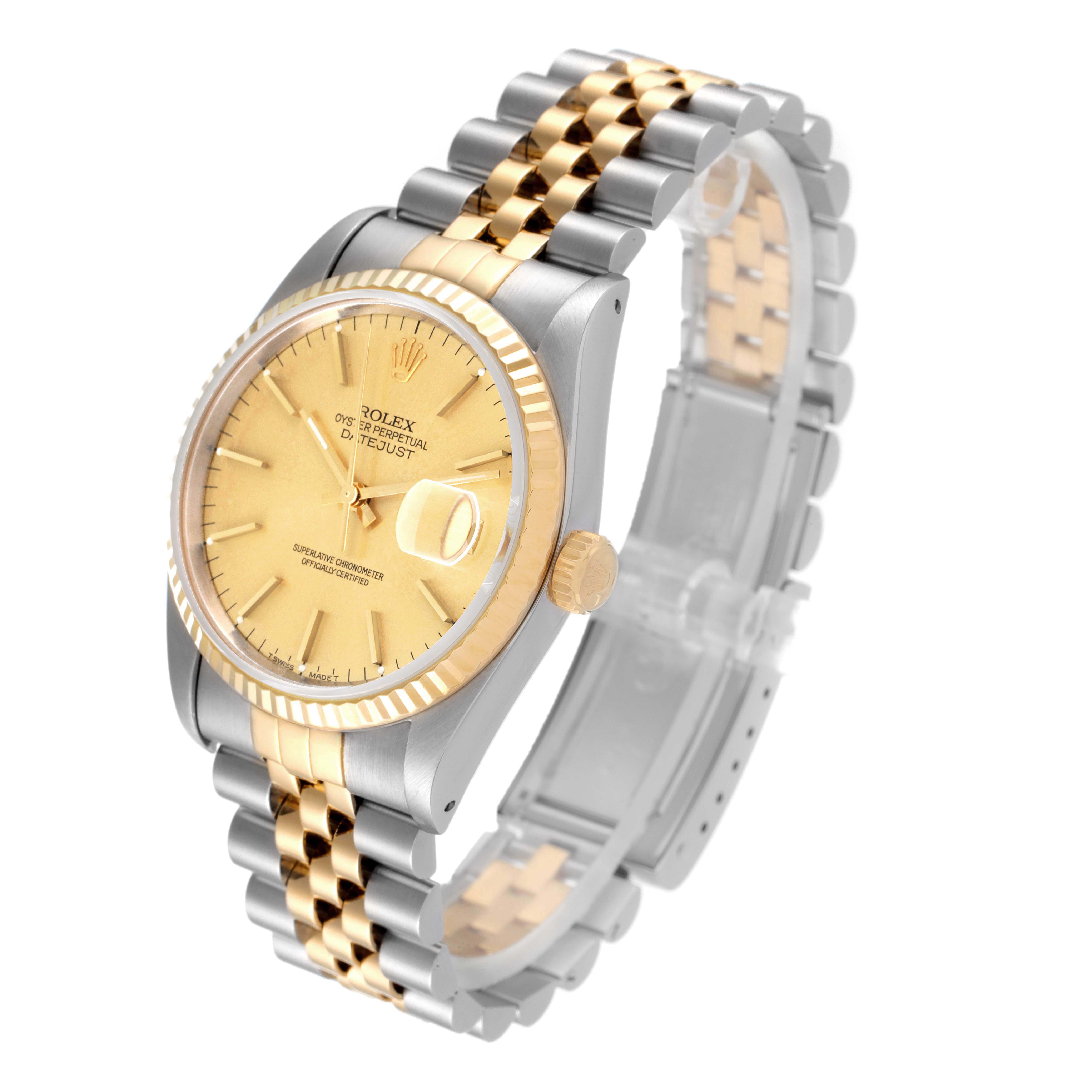 The image shows a Rolex Datejust 16233 Men's Steel and Gold (two tone) Champagne Dial 16233 Men's Steel and Gold (two tone) Champagne Dial watch from a front angle, highlighting its dial, bezel, crown, and two-tone bracelet.