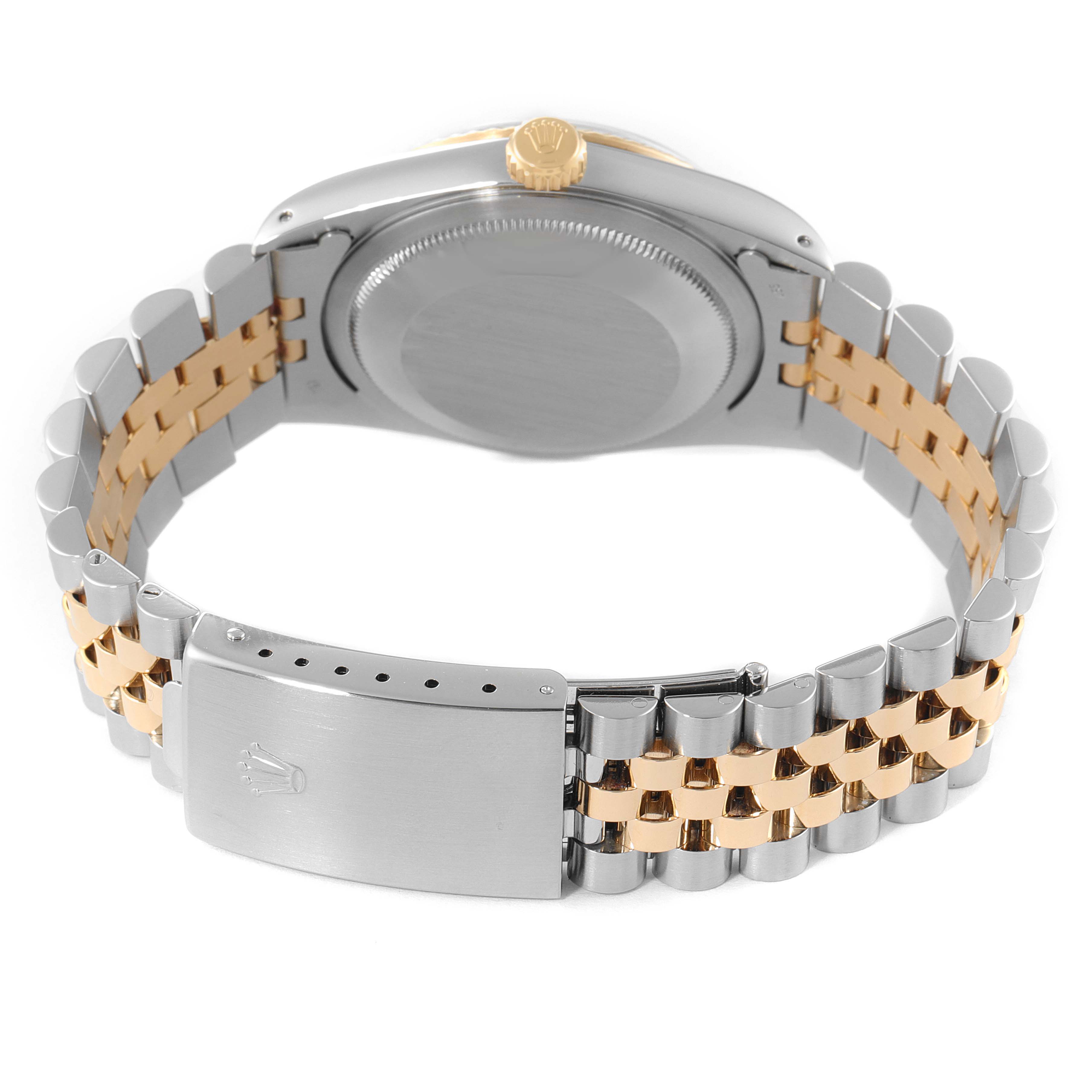 The image shows the backside of a Rolex Datejust 16233 Men's Steel and Gold (two tone) Champagne Dial 16233 Men's Steel and Gold (two tone) Champagne Dial watch, including the case back, bracelet, and clasp.