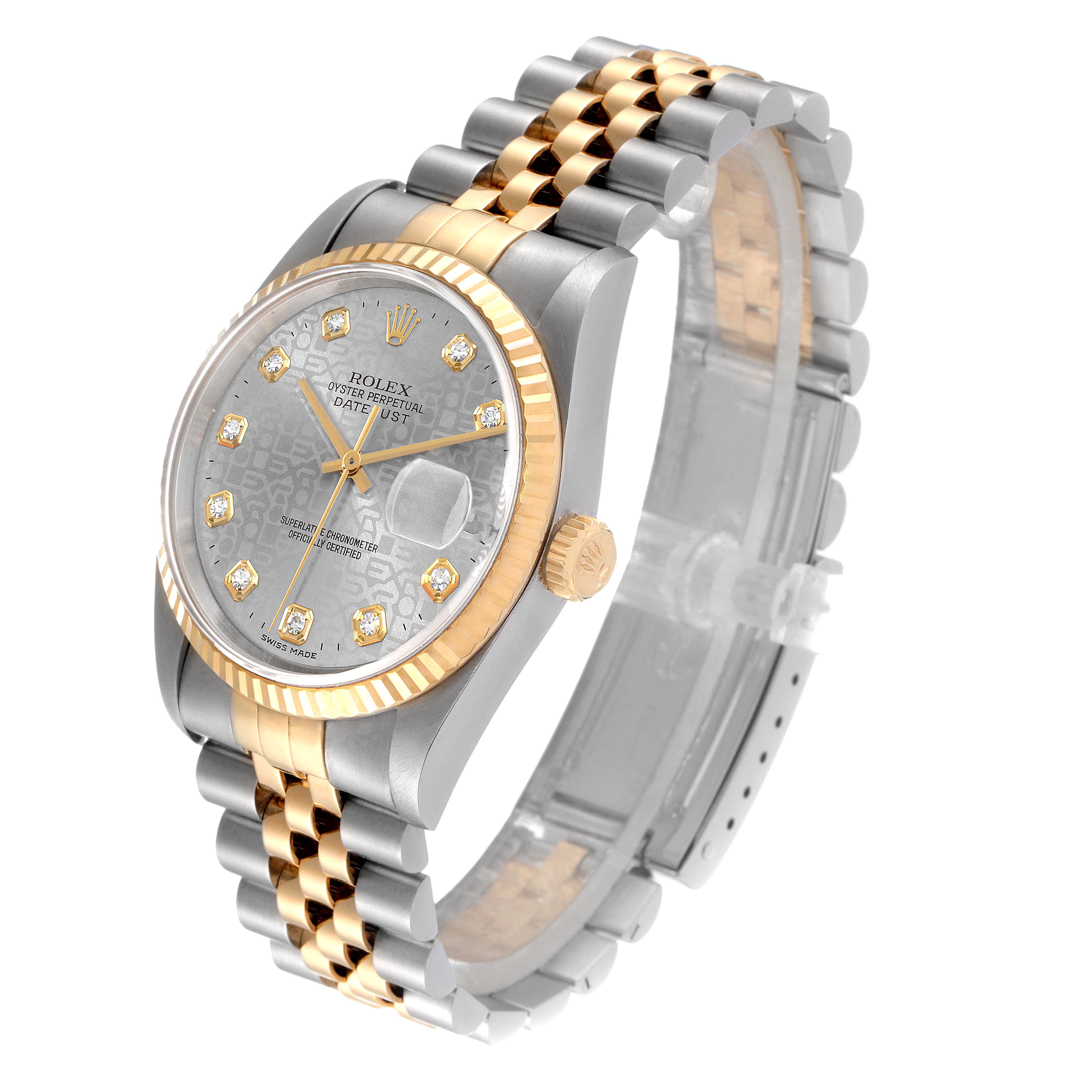 The Rolex Datejust 16233 Men
s Steel and Gold (two tone) Grey Dial 16233 Men
s Steel and Gold (two tone) Grey Dial watch is shown at an angle capturing the dial, bezel, crown, and bracelet.