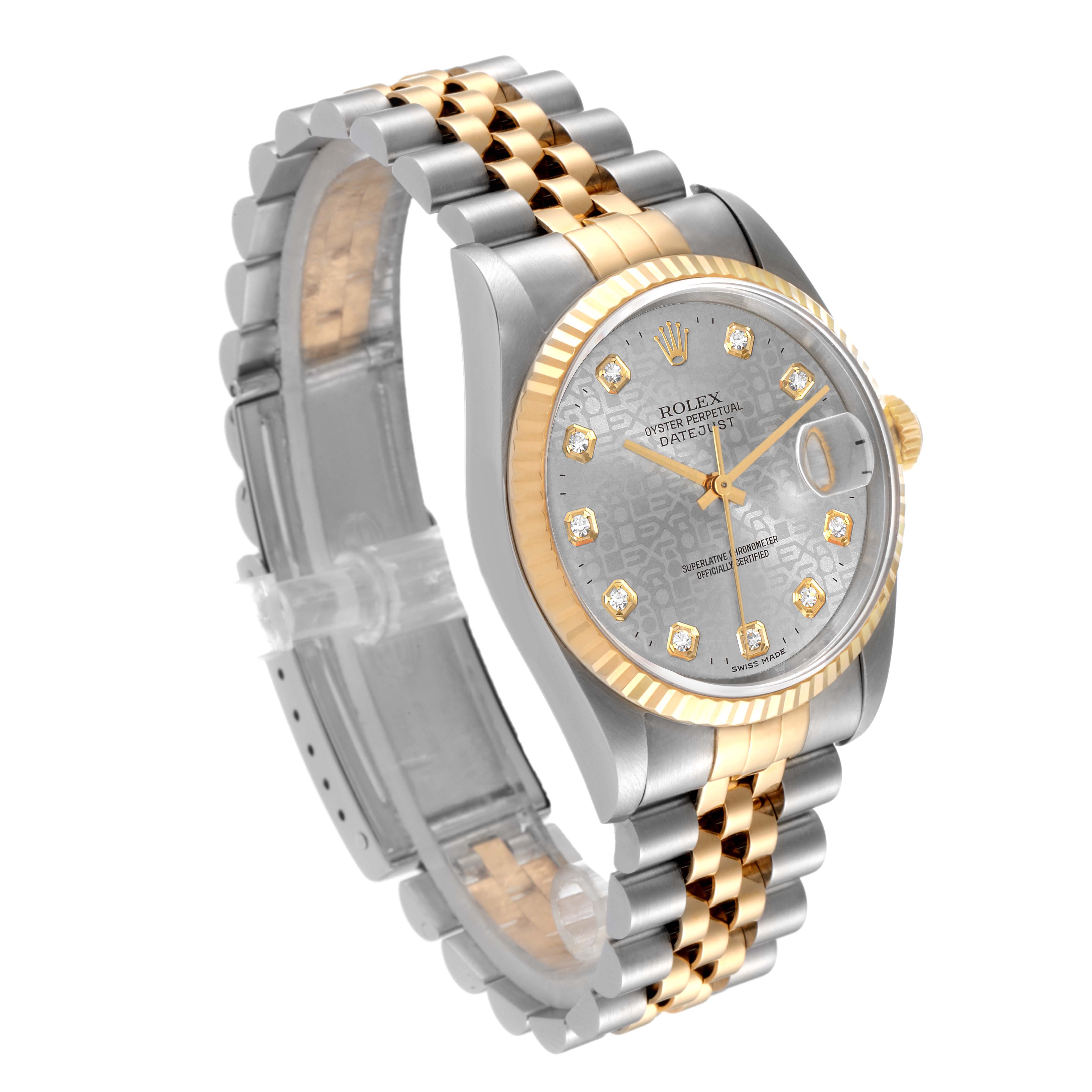 The Datejust model Rolex watch is angled to show its two-tone bracelet, face, bezel, and unique date magnifier.