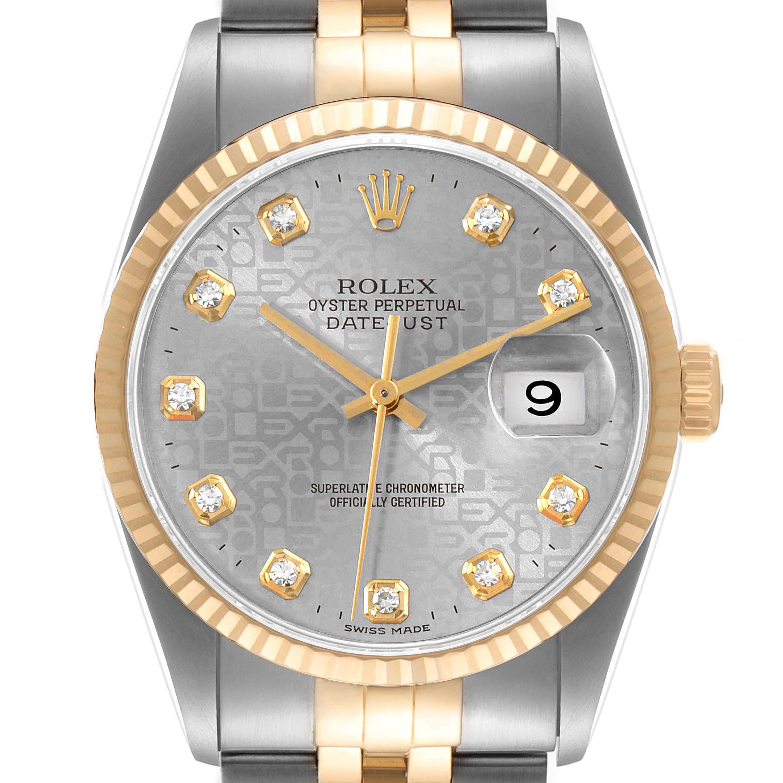 The image shows a frontal view of a Rolex Datejust 16233 Men
s Steel and Gold (two tone) Grey Dial 16233 Men
s Steel and Gold (two tone) Grey Dial watch, displaying the face, bezel, and part of the bracelet.