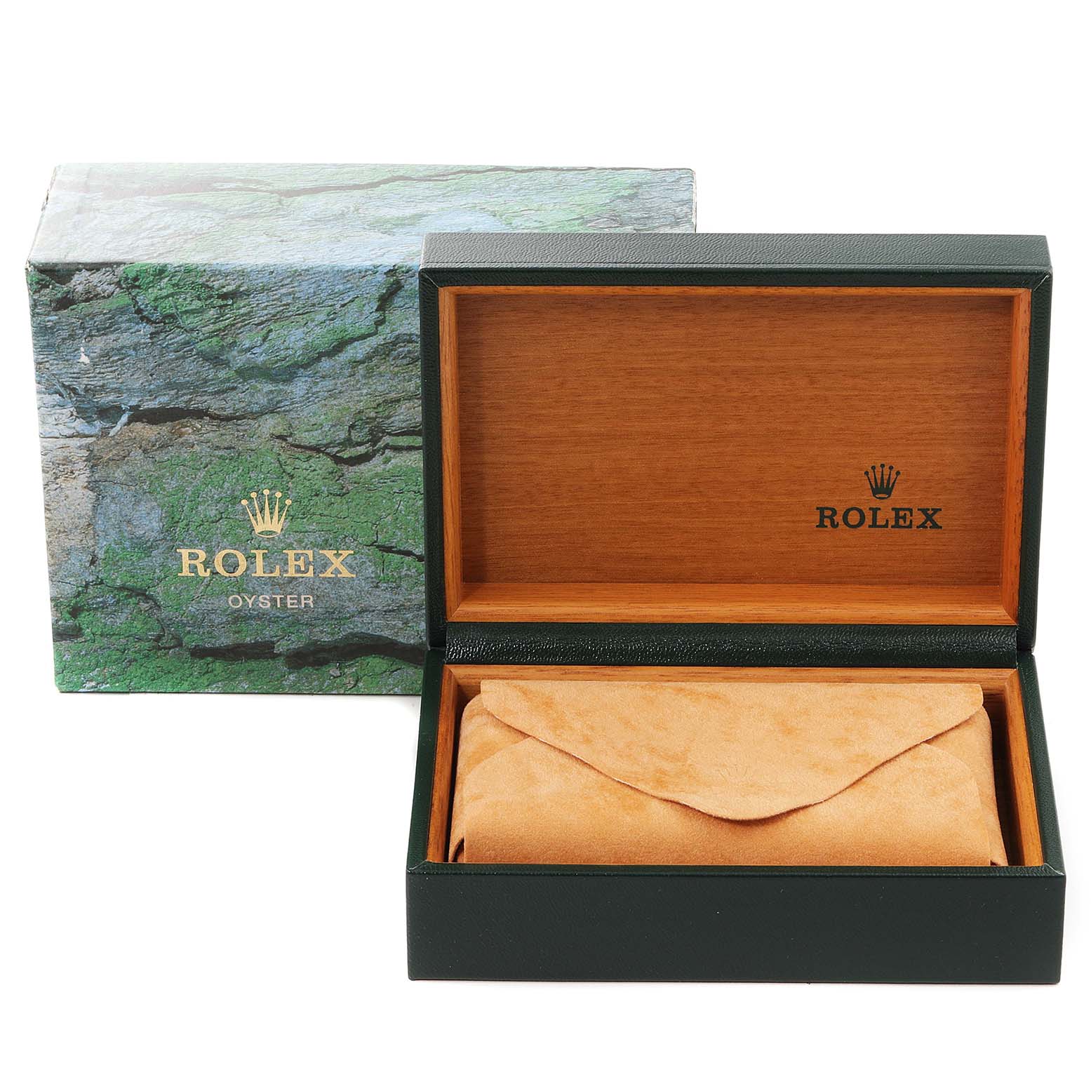 The image shows the packaging box with an open wooden case and a suede pouch for a Rolex Datejust 16233 Men
s Steel and Gold (two tone) Grey Dial 16233 Men
s Steel and Gold (two tone) Grey Dial watch.
