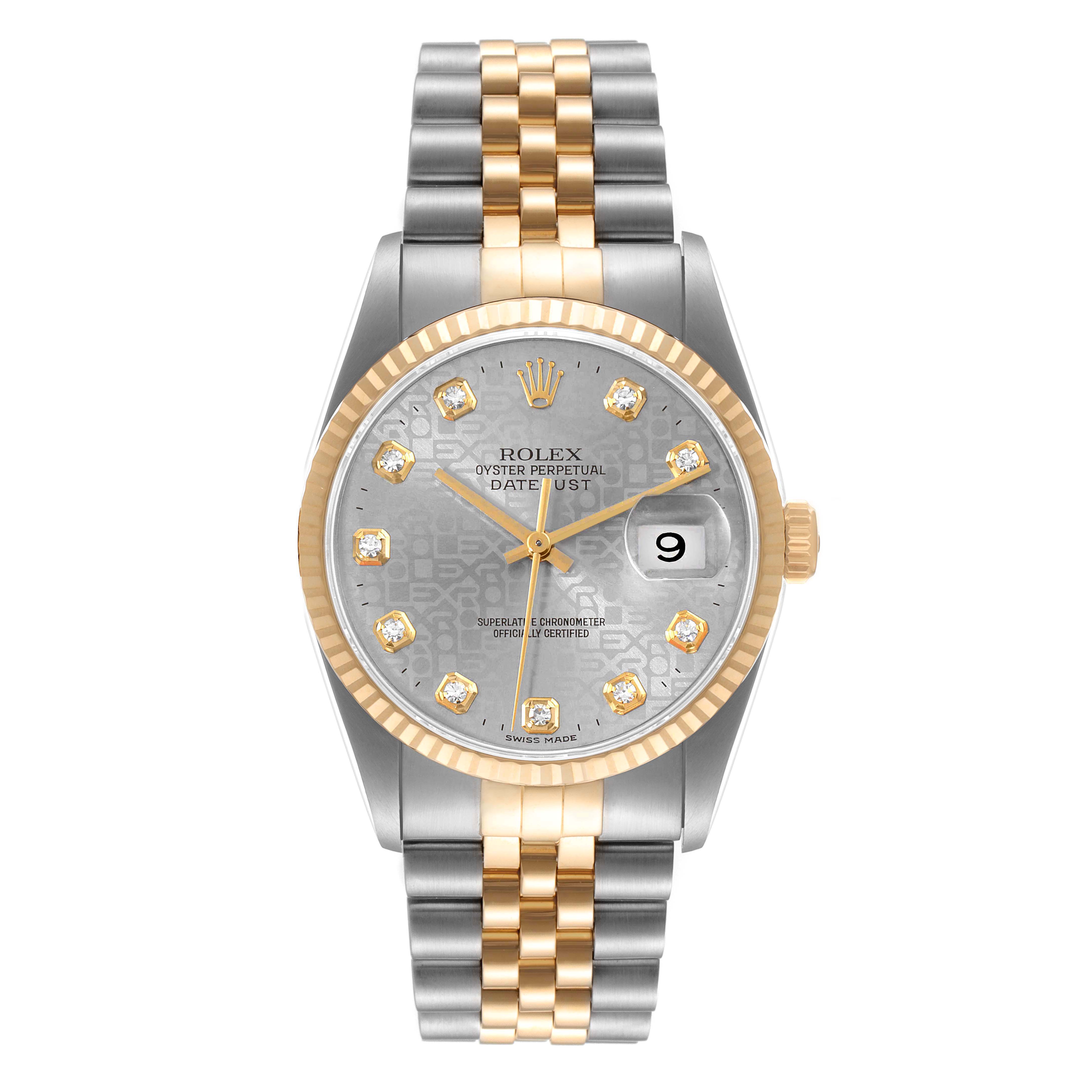 The image shows a front view of a Rolex Datejust 16233 Men
s Steel and Gold (two tone) Grey Dial 16233 Men
s Steel and Gold (two tone) Grey Dial watch, highlighting the dial, bezel, and bracelet.