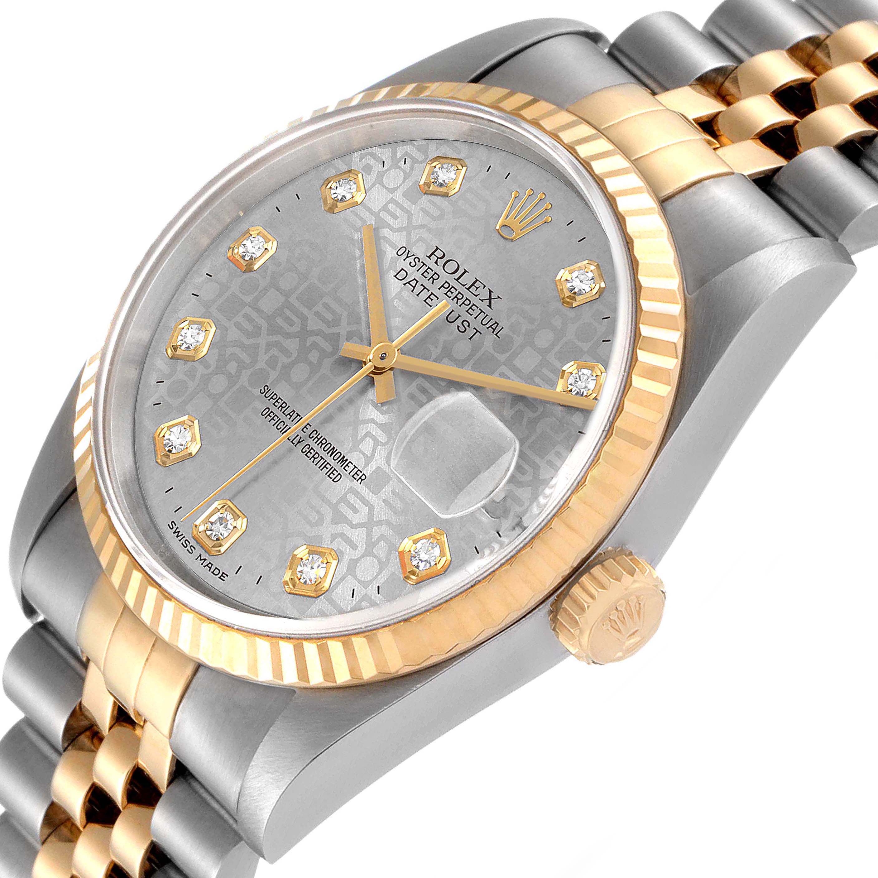 The image shows a Rolex Datejust 16233 Men
s Steel and Gold (two tone) Grey Dial 16233 Men
s Steel and Gold (two tone) Grey Dial watch at an angled close-up, highlighting the dial, bezel, crown, and part of the bracelet.