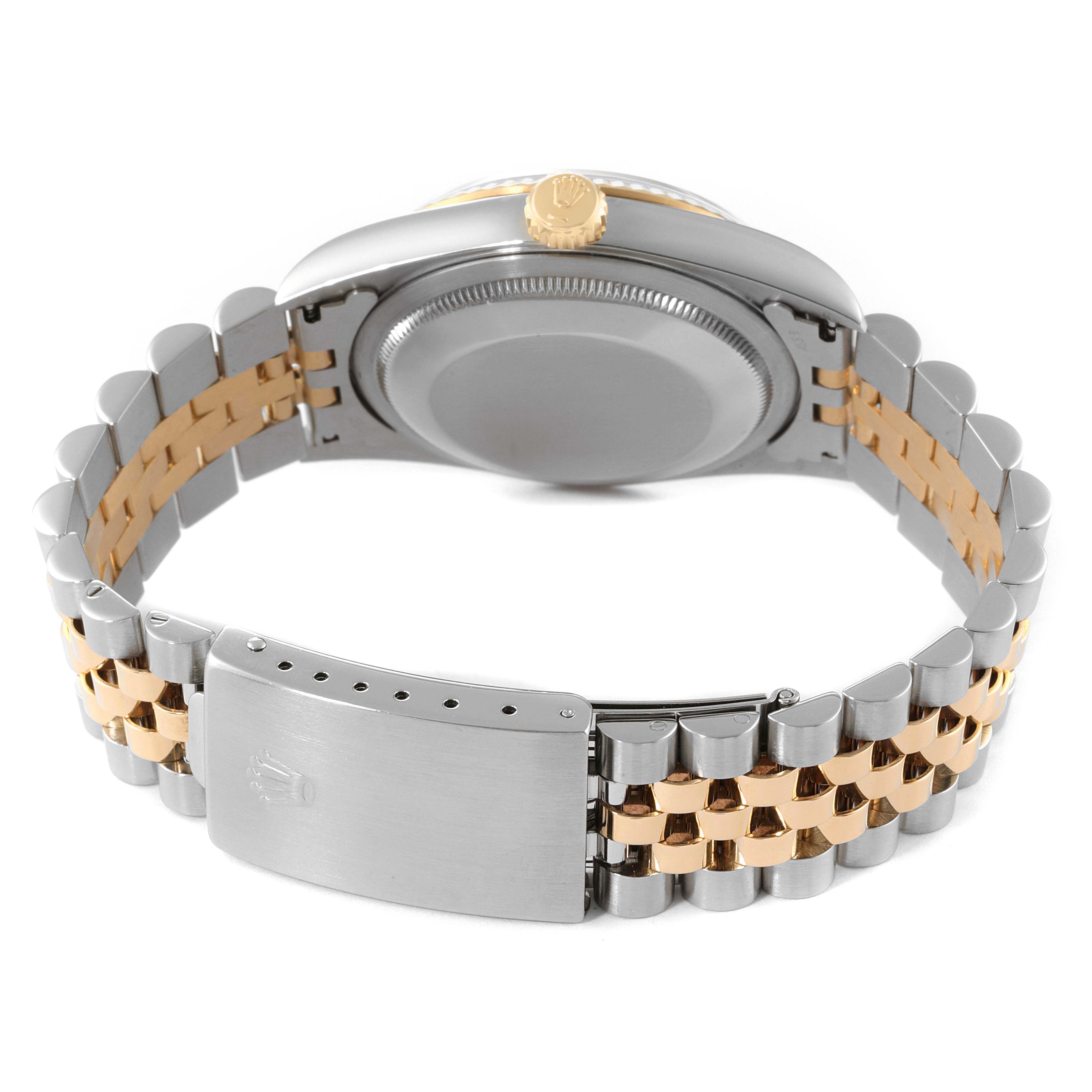 The image shows the back of a Rolex Datejust 16233 Men
s Steel and Gold (two tone) Grey Dial 16233 Men
s Steel and Gold (two tone) Grey Dial watch, highlighting the two-tone bracelet, clasp, and case back.