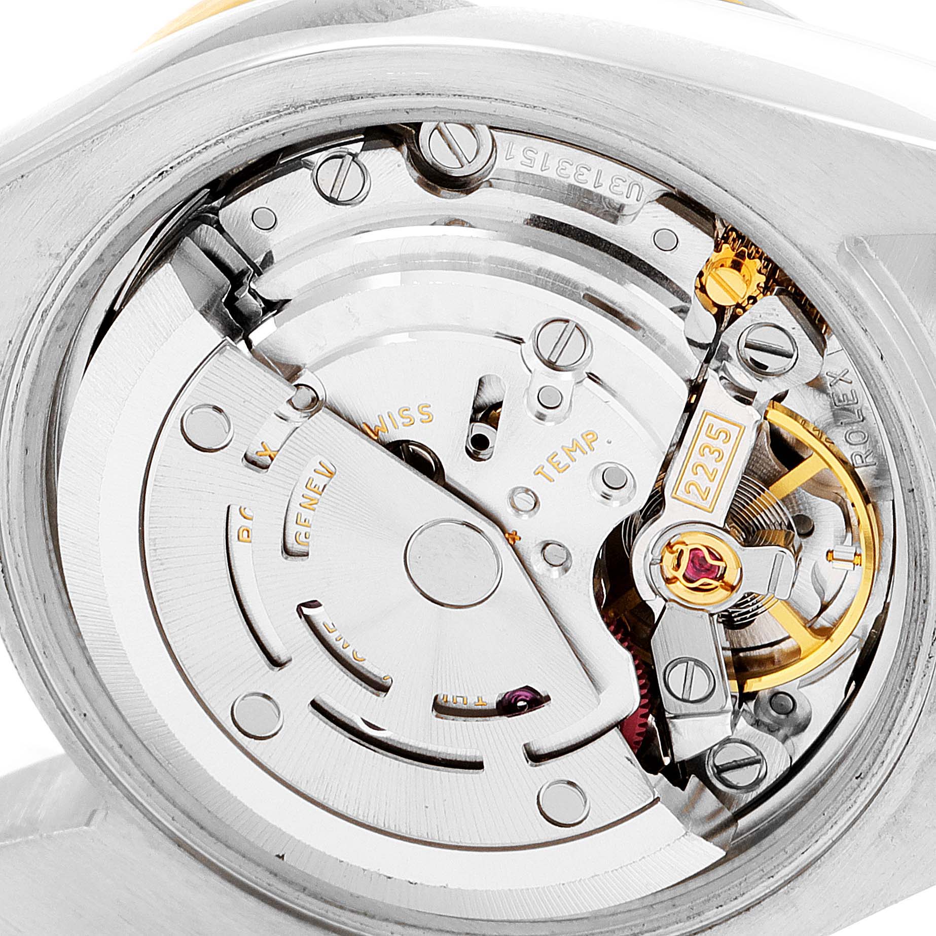 This image shows a close-up of the Rolex Datejust 179383 Women
s Steel and Gold (two tone) Silver Dial 179383 Women
s Steel and Gold (two tone) Silver Dial movement, highlighting the intricate internal mechanism components.