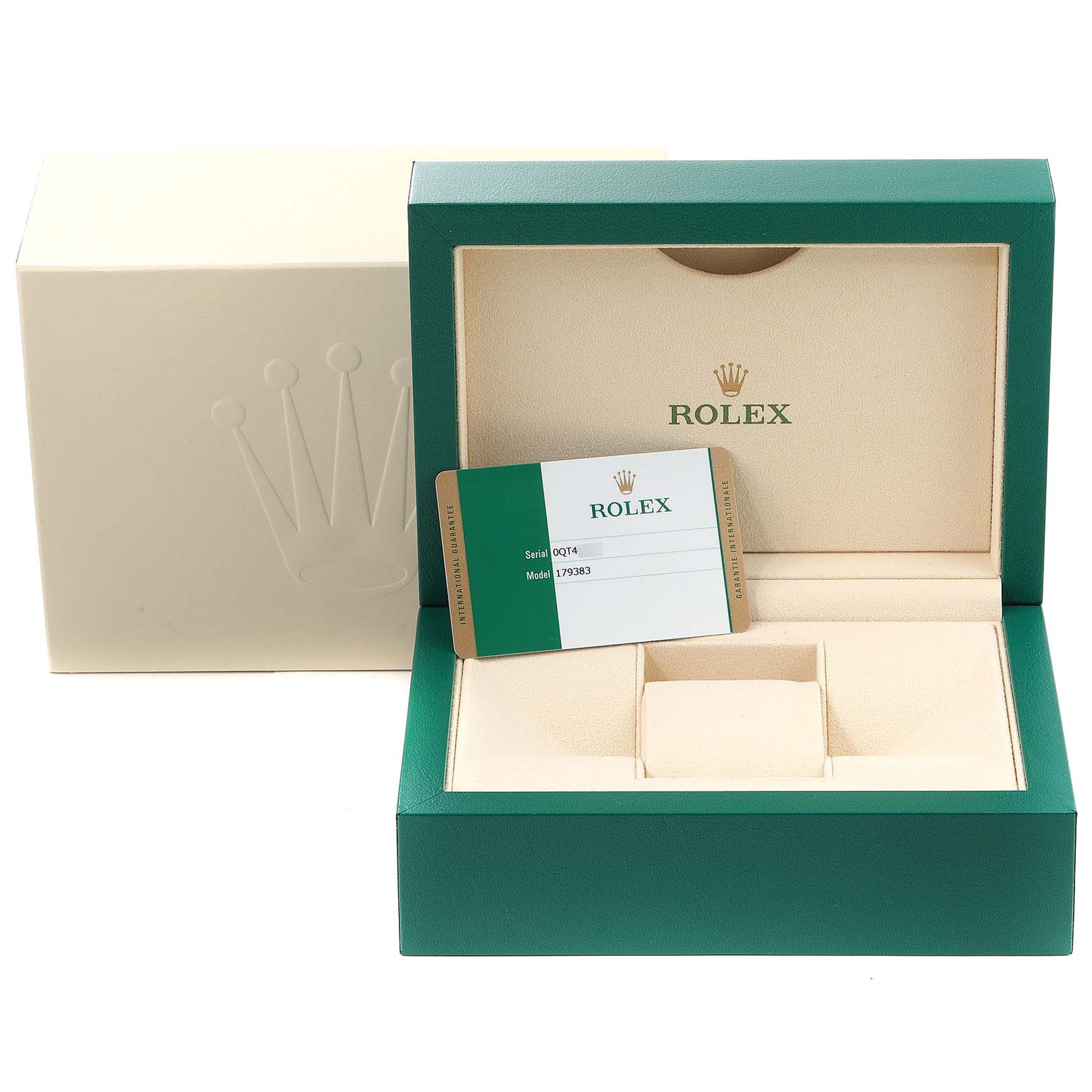 The image shows the open box and warranty card for a Rolex Datejust 179383 Women
s Steel and Gold (two tone) Silver Dial 179383 Women
s Steel and Gold (two tone) Silver Dial watch, viewed from a slightly elevated angle.