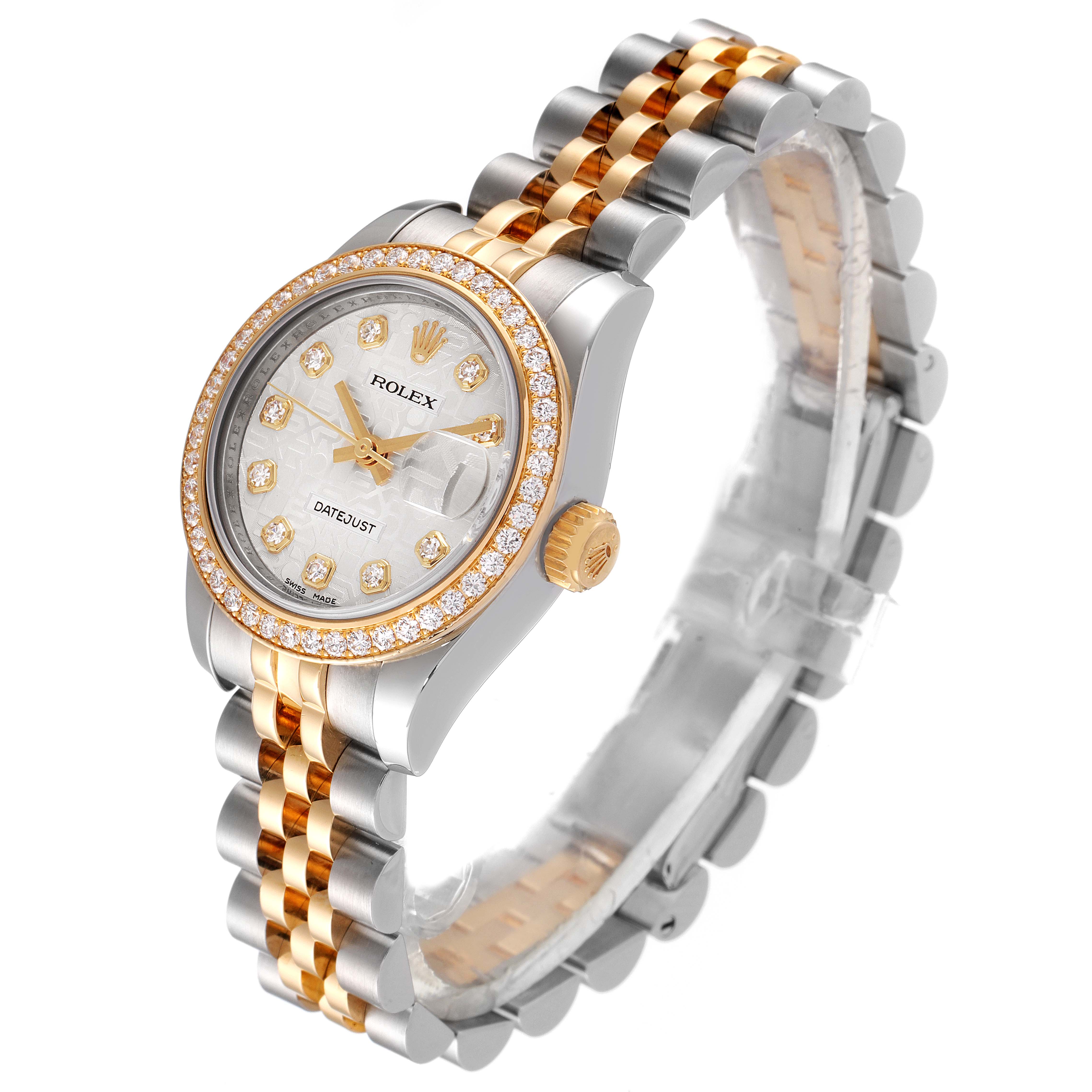 The image shows a side view of a Rolex Datejust 179383 Women
s Steel and Gold (two tone) Silver Dial 179383 Women
s Steel and Gold (two tone) Silver Dial model, highlighting its face, bezel, and the two-tone bracelet.