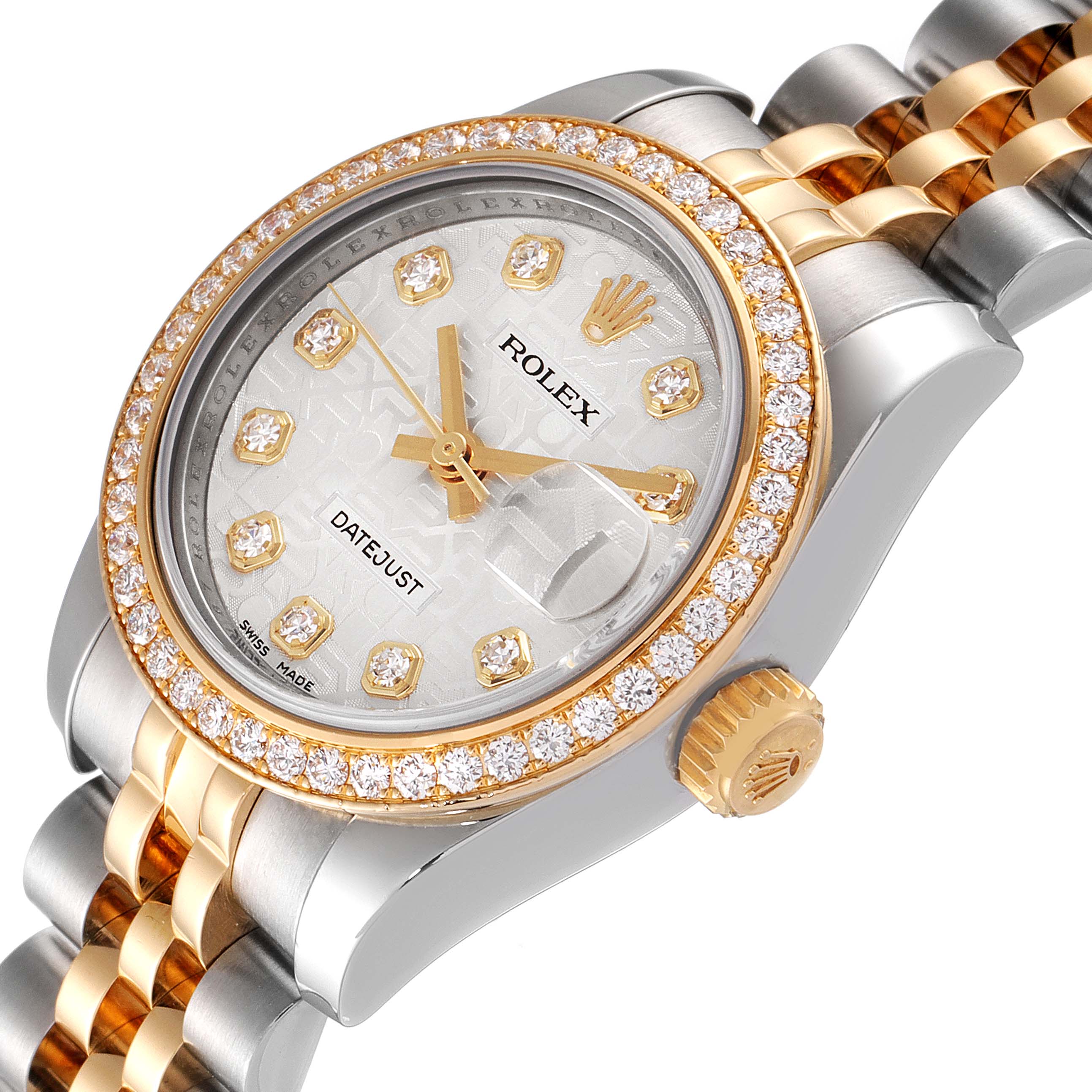 The image shows a close-up of a Rolex Datejust 179383 Women
s Steel and Gold (two tone) Silver Dial 179383 Women
s Steel and Gold (two tone) Silver Dial watch featuring its face, bezel, crown, and part of the bracelet.