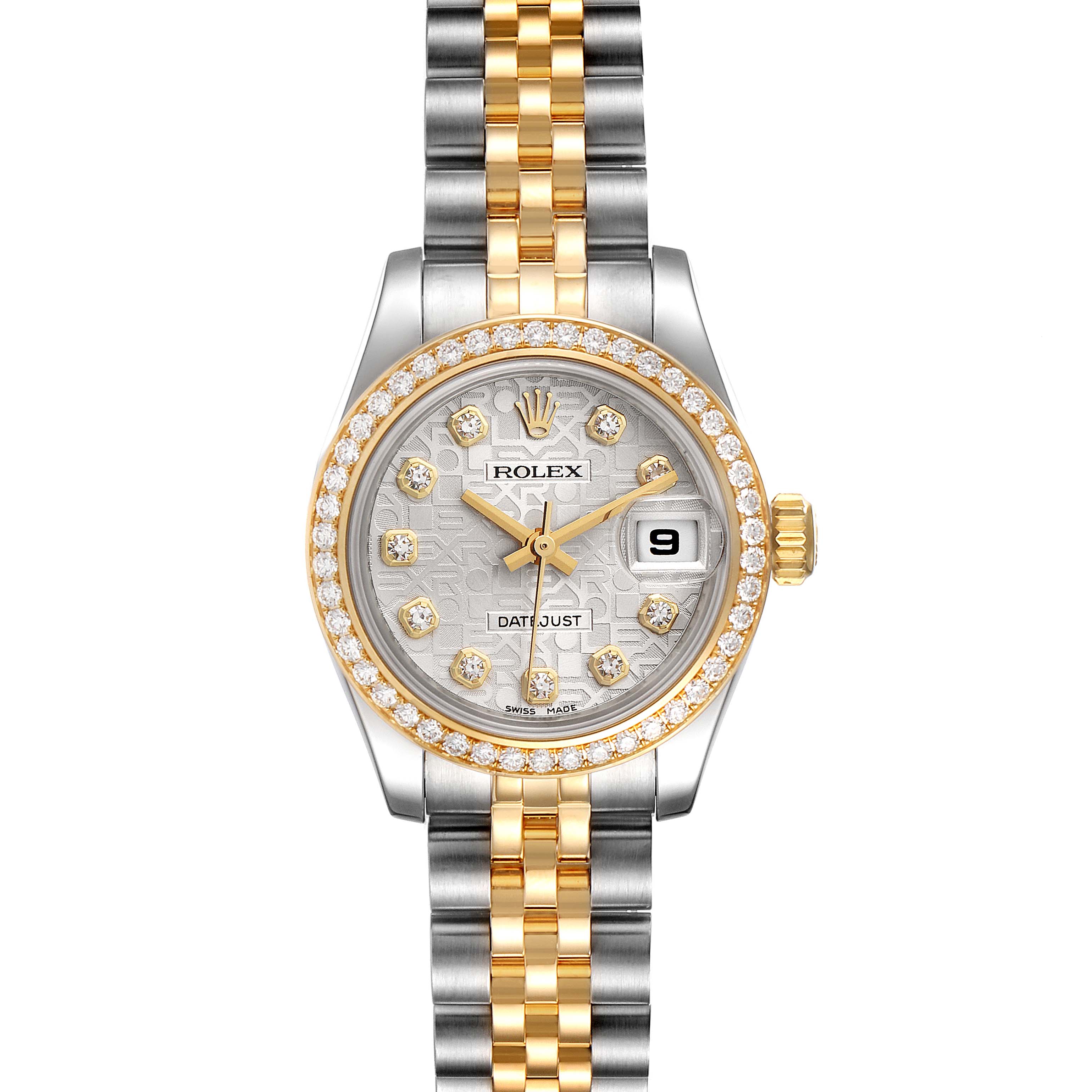 The image shows a front view of the Rolex Datejust 179383 Women
s Steel and Gold (two tone) Silver Dial 179383 Women
s Steel and Gold (two tone) Silver Dial watch, highlighting its dial, bezel, and two-tone bracelet.