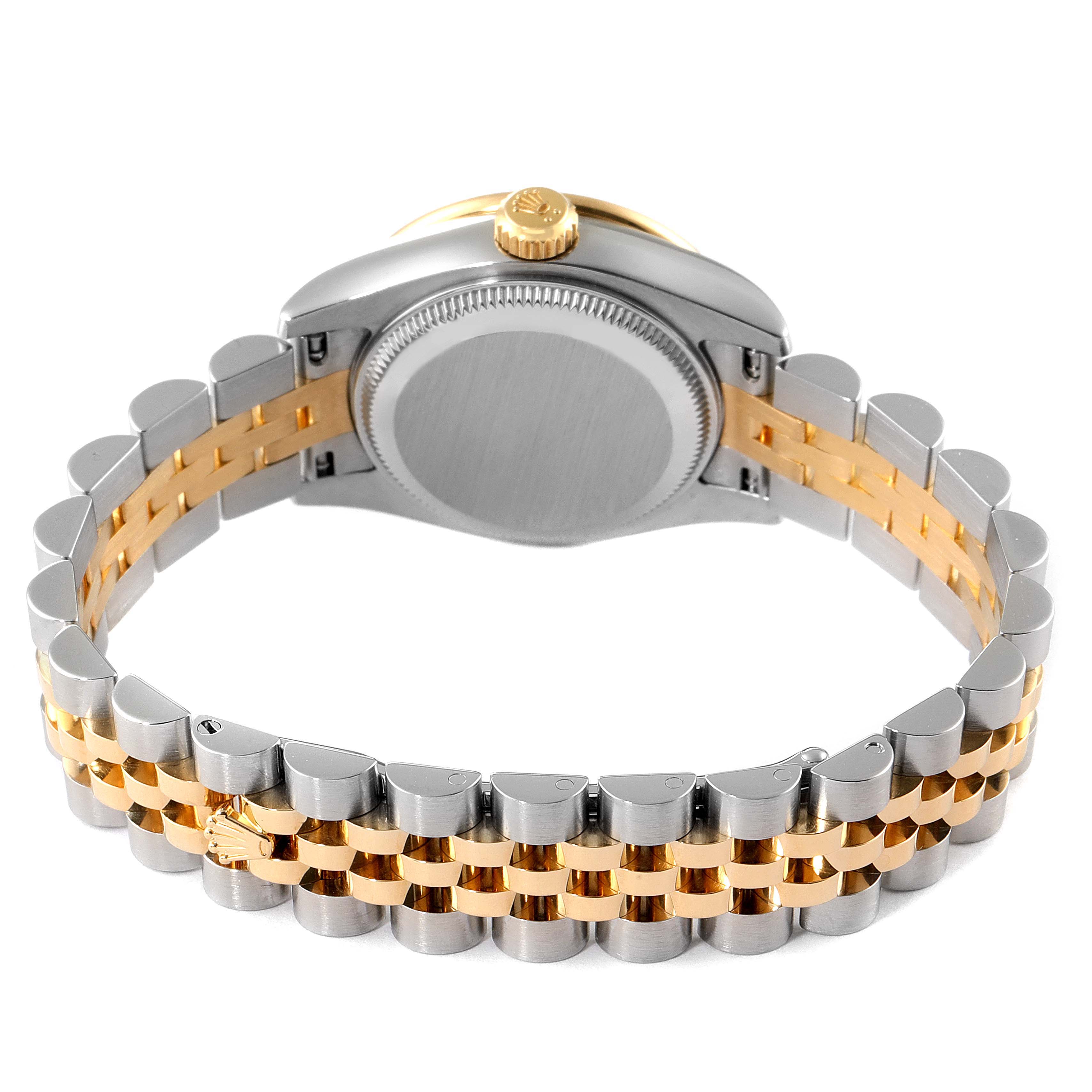 The image shows the back view of the Rolex Datejust 179383 Women
s Steel and Gold (two tone) Silver Dial 179383 Women
s Steel and Gold (two tone) Silver Dial watch, highlighting the case back, crown, and two-tone bracelet.
