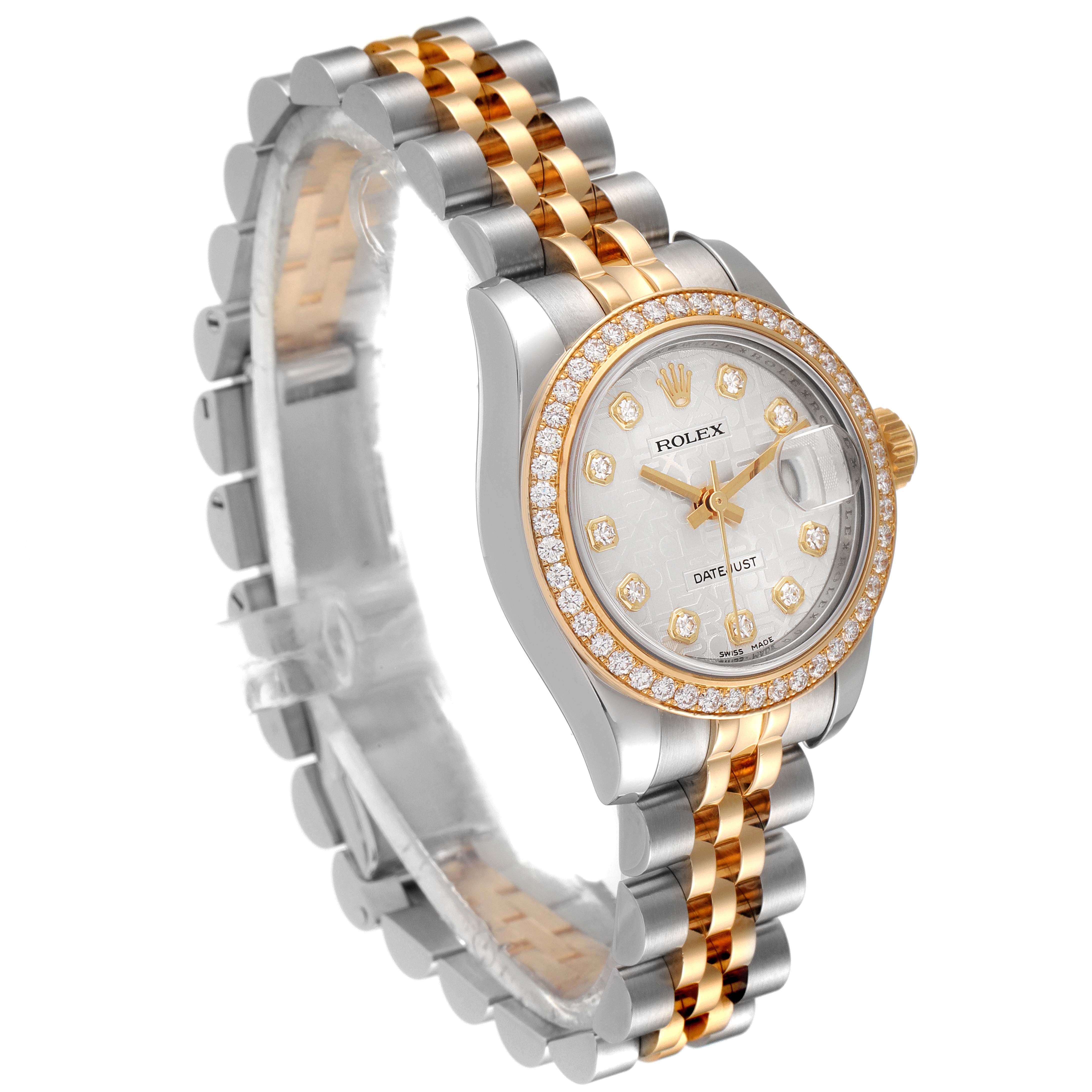 This image shows a Rolex Datejust 179383 Women
s Steel and Gold (two tone) Silver Dial 179383 Women
s Steel and Gold (two tone) Silver Dial watch from a side angle, highlighting the dial, bezel, crown, and bracelet.