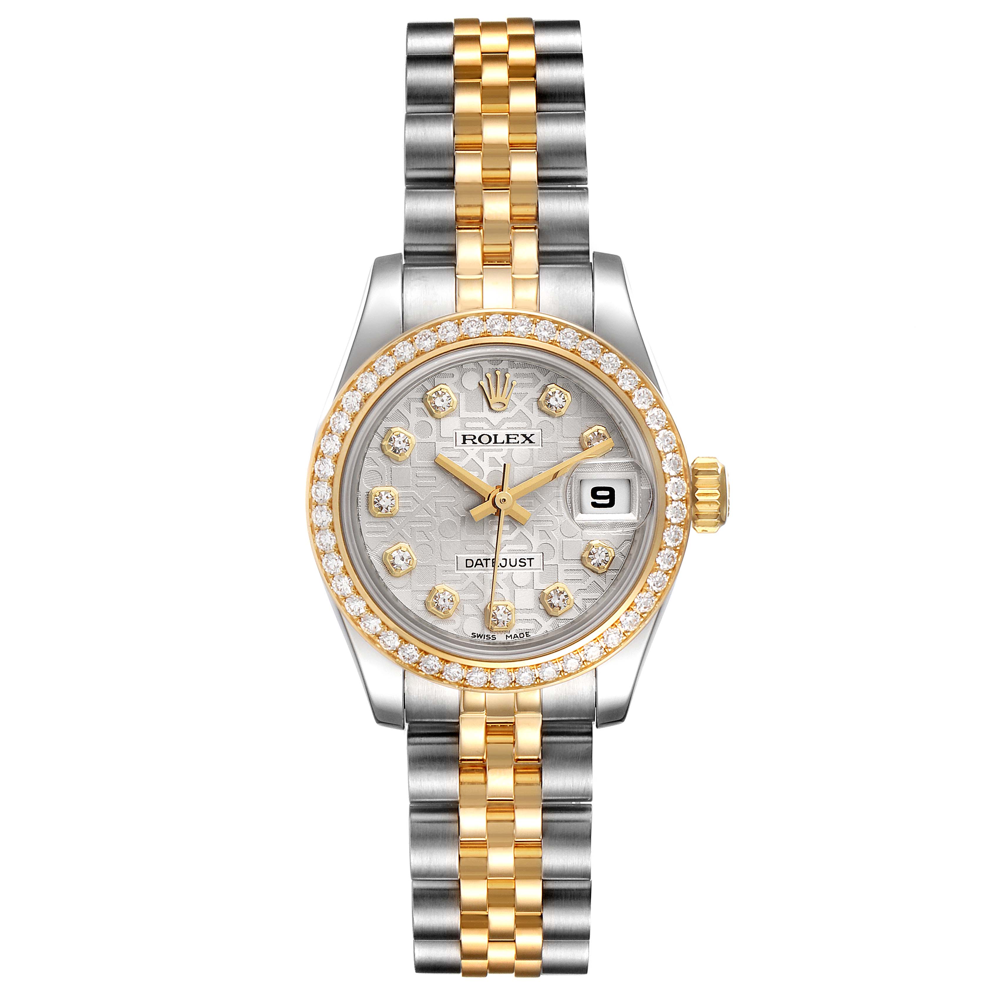 The Rolex Datejust 179383 Women
s Steel and Gold (two tone) Silver Dial 179383 Women
s Steel and Gold (two tone) Silver Dial watch is shown from a top-down angle, displaying its face, bezel, and two-tone bracelet.