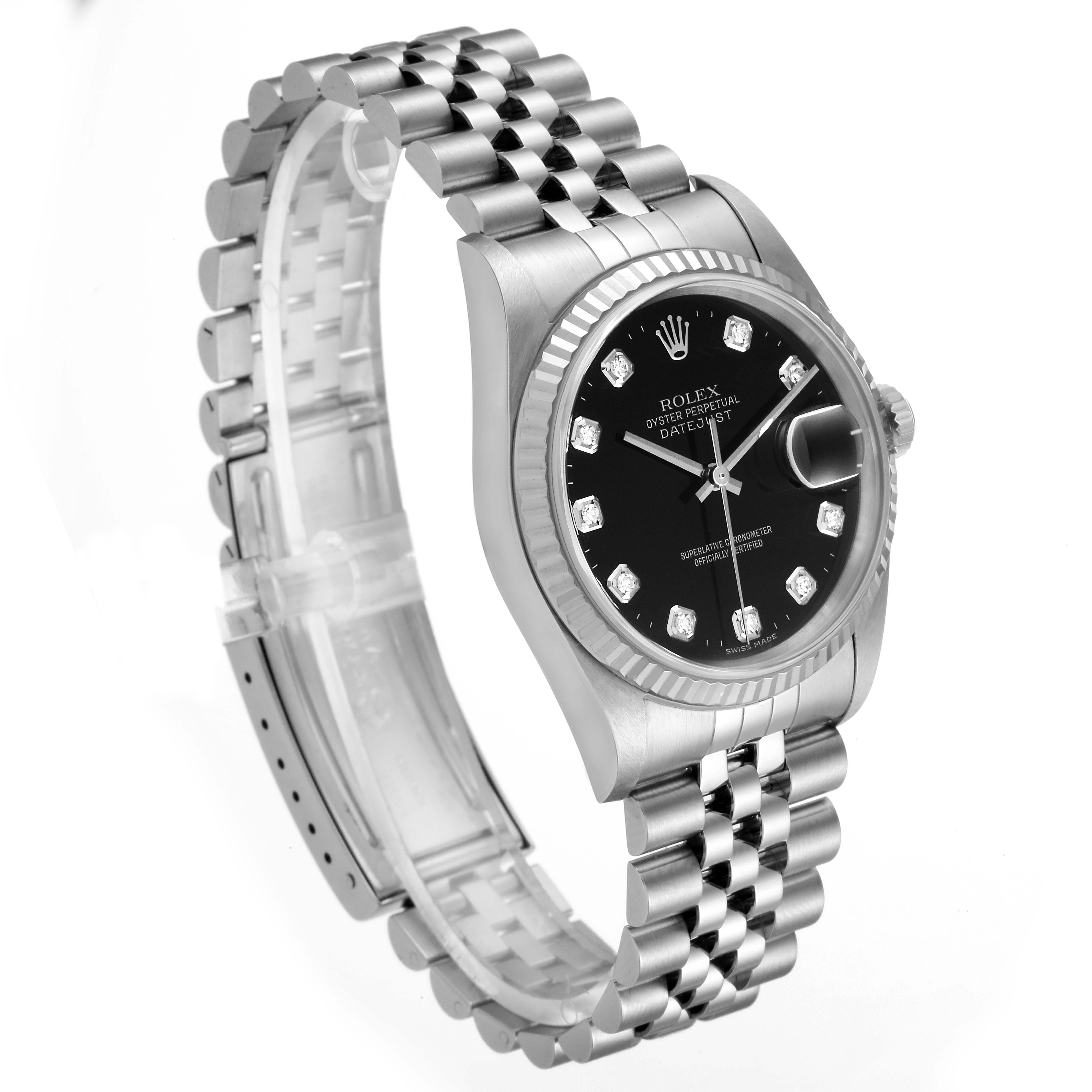 The image displays a Rolex Datejust 16234 Men's Stainless Steel Black Dial 16234 Men's Stainless Steel Black Dial watch at a slight angle, showing the bracelet, case, bezel, dial, and hands.
