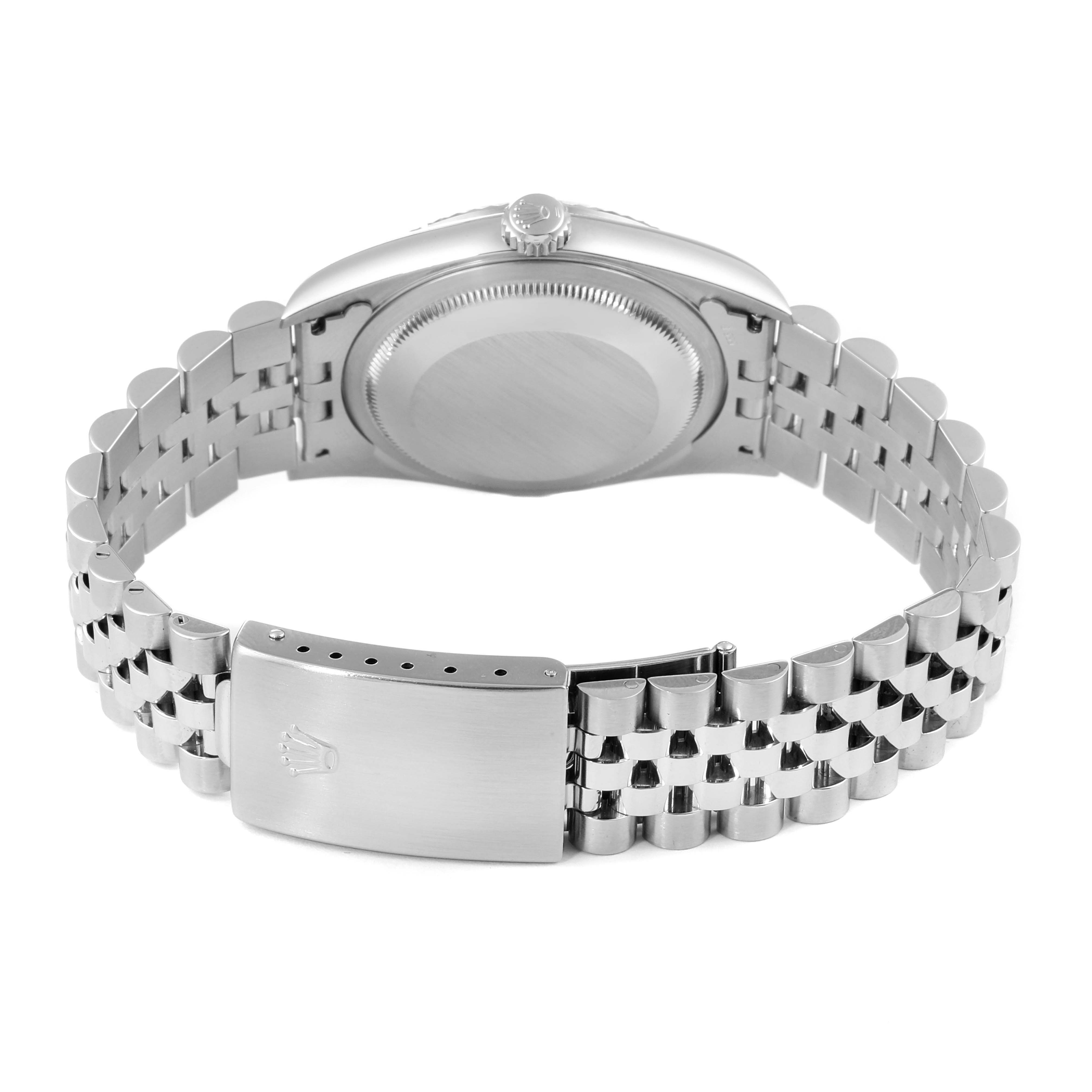 This image shows the back view of a Rolex Datejust 16234 Men's Stainless Steel Black Dial 16234 Men's Stainless Steel Black Dial watch, highlighting its Jubilee bracelet and clasp.