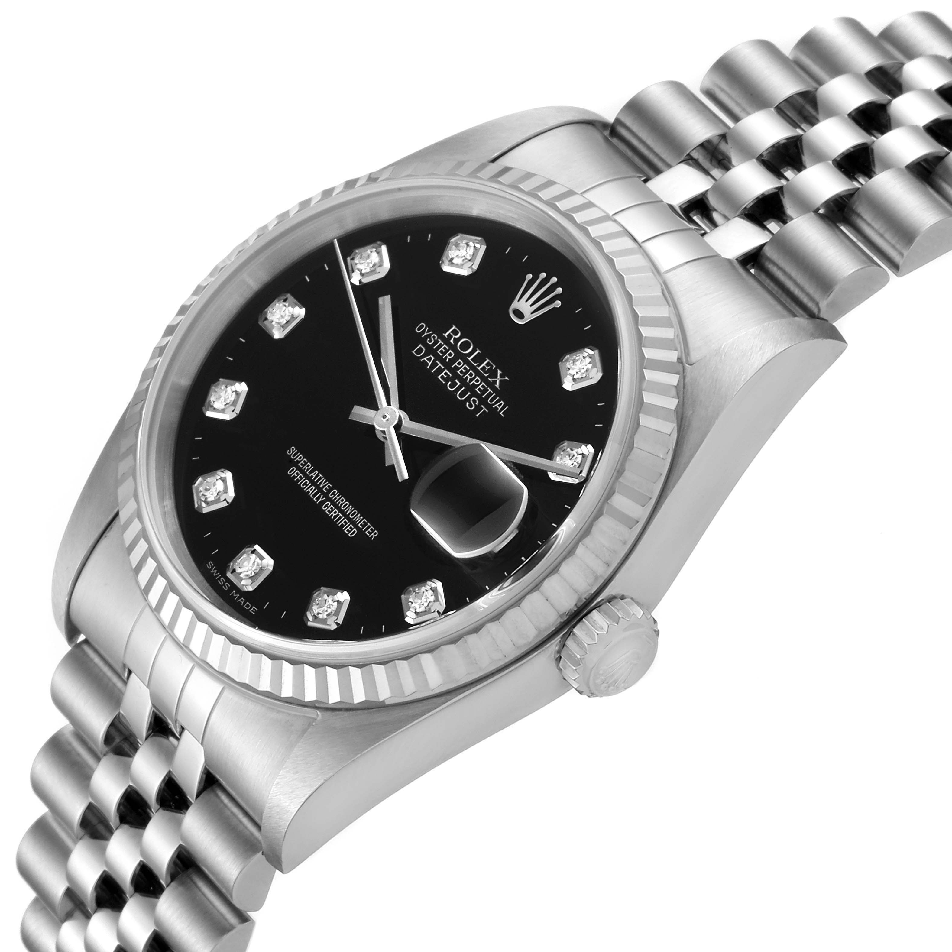 The image shows a Rolex Datejust 16234 Men's Stainless Steel Black Dial 16234 Men's Stainless Steel Black Dial watch at an angled view, highlighting the black dial, diamond hour markers, fluted bezel, and Jubilee bracelet.
