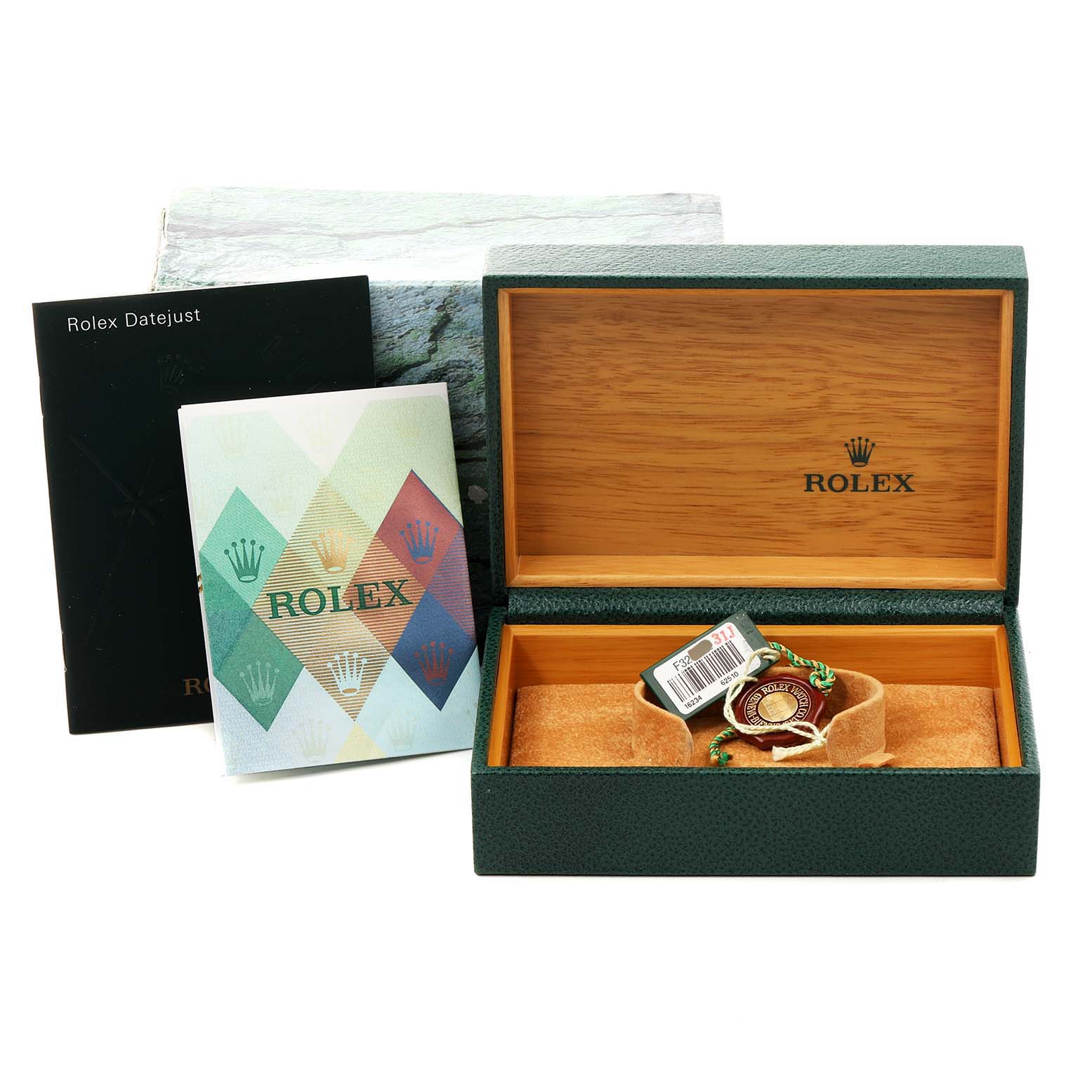 The image shows an open Rolex Datejust 16234 Men's Stainless Steel Black Dial 16234 Men's Stainless Steel Black Dial box, tags, and booklets from a front-top angle.