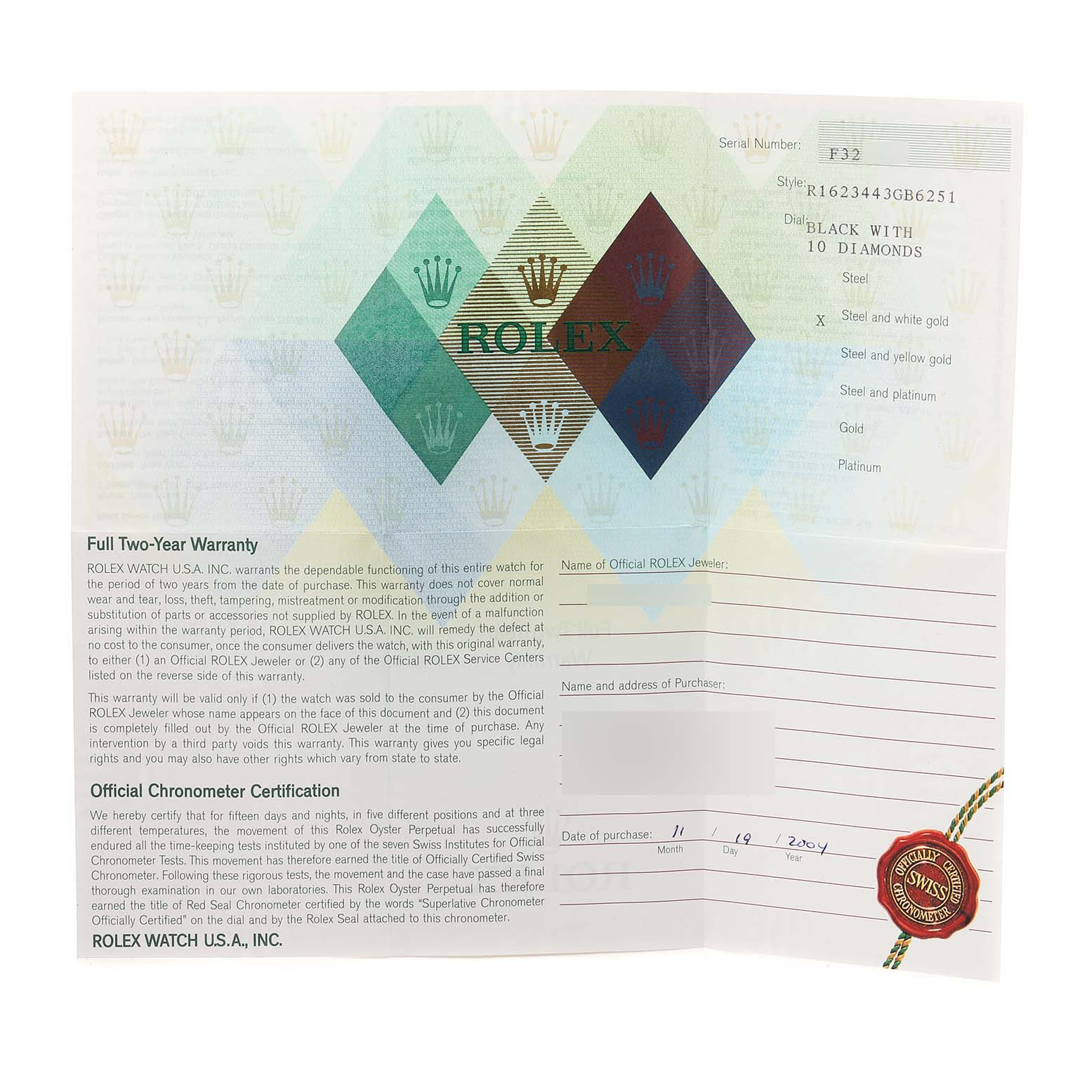 This image shows the warranty card for the Rolex Datejust 16234 Men's Stainless Steel Black Dial 16234 Men's Stainless Steel Black Dial model.