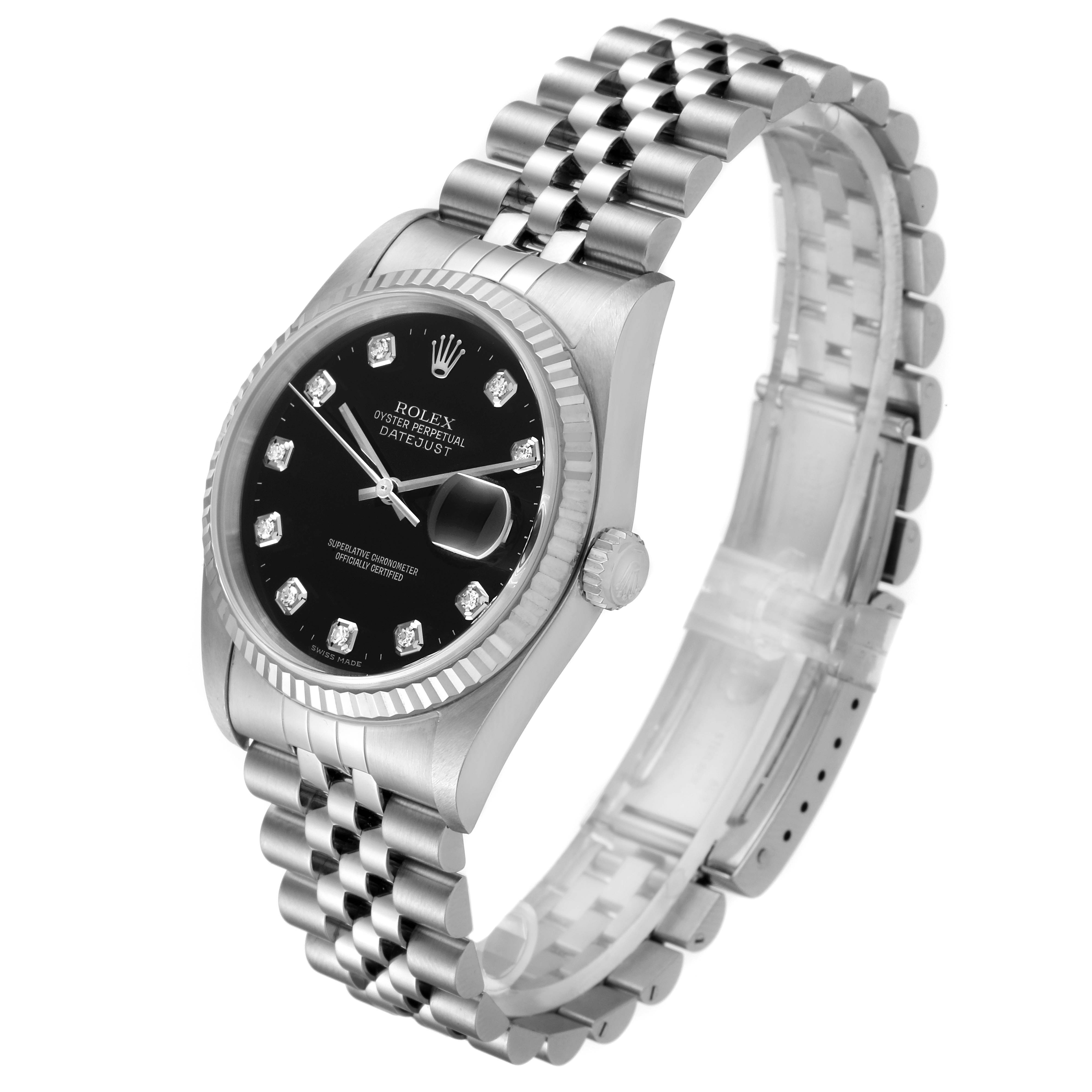 Rolex Datejust 16234 Men's Stainless Steel Black Dial 16234 Men's Stainless Steel Black Dial watch shown from a front-left angle, highlighting the dial, bezel, crown, and bracelet.