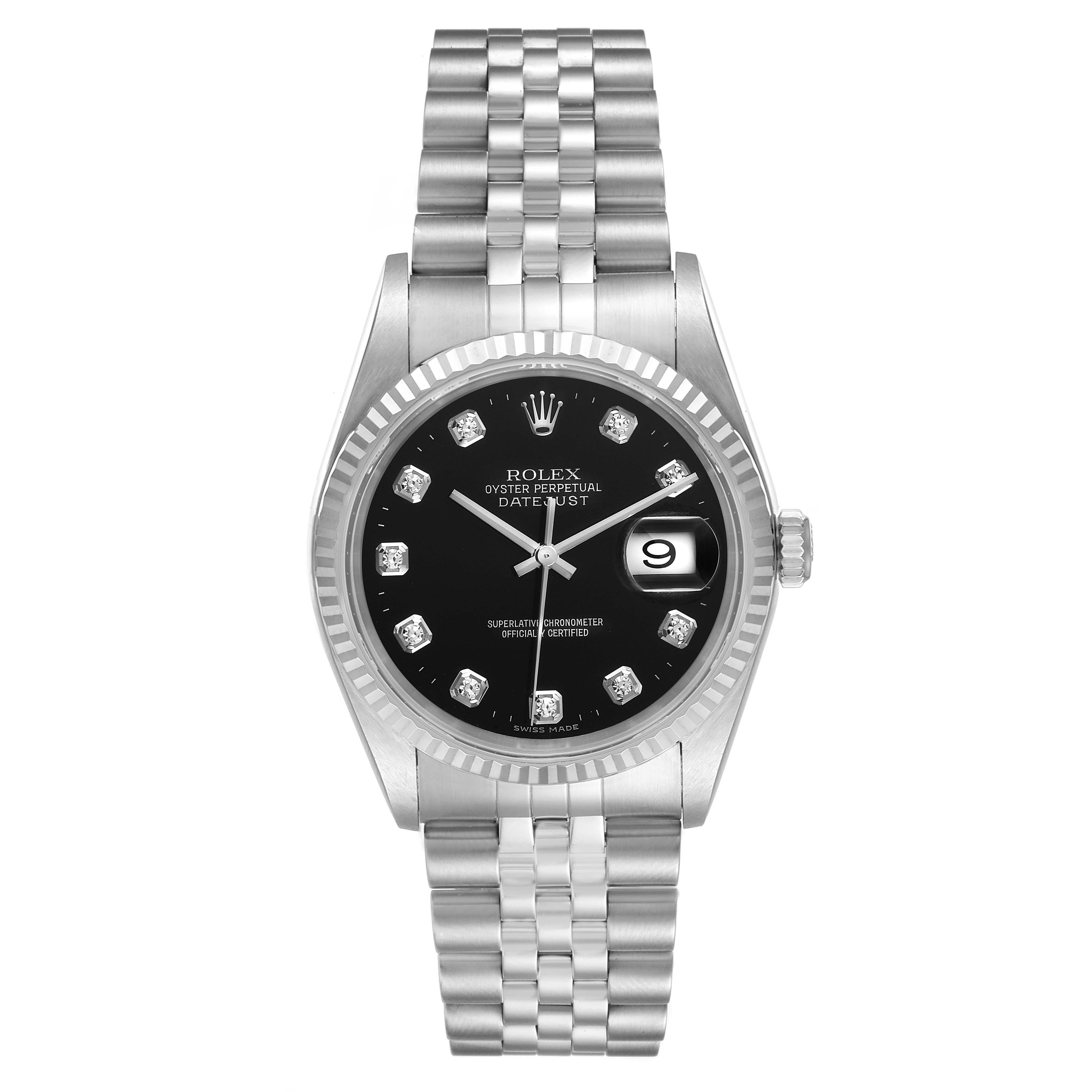 The image shows a frontal view of a Rolex Datejust 16234 Men's Stainless Steel Black Dial 16234 Men's Stainless Steel Black Dial watch, highlighting its black dial, date window, and jubilee bracelet.