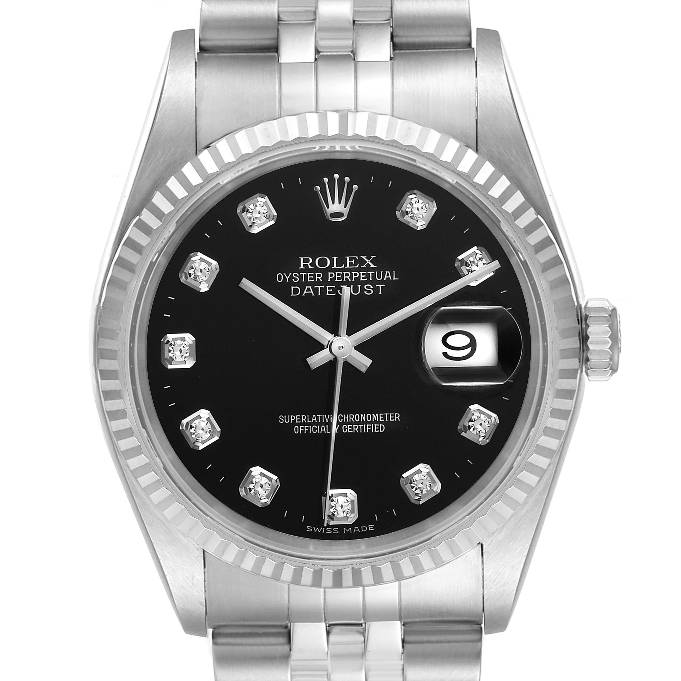 The image shows a Rolex Datejust 16234 Men's Stainless Steel Black Dial 16234 Men's Stainless Steel Black Dial watch front-on, displaying the dial, bezel, and part of the bracelet.