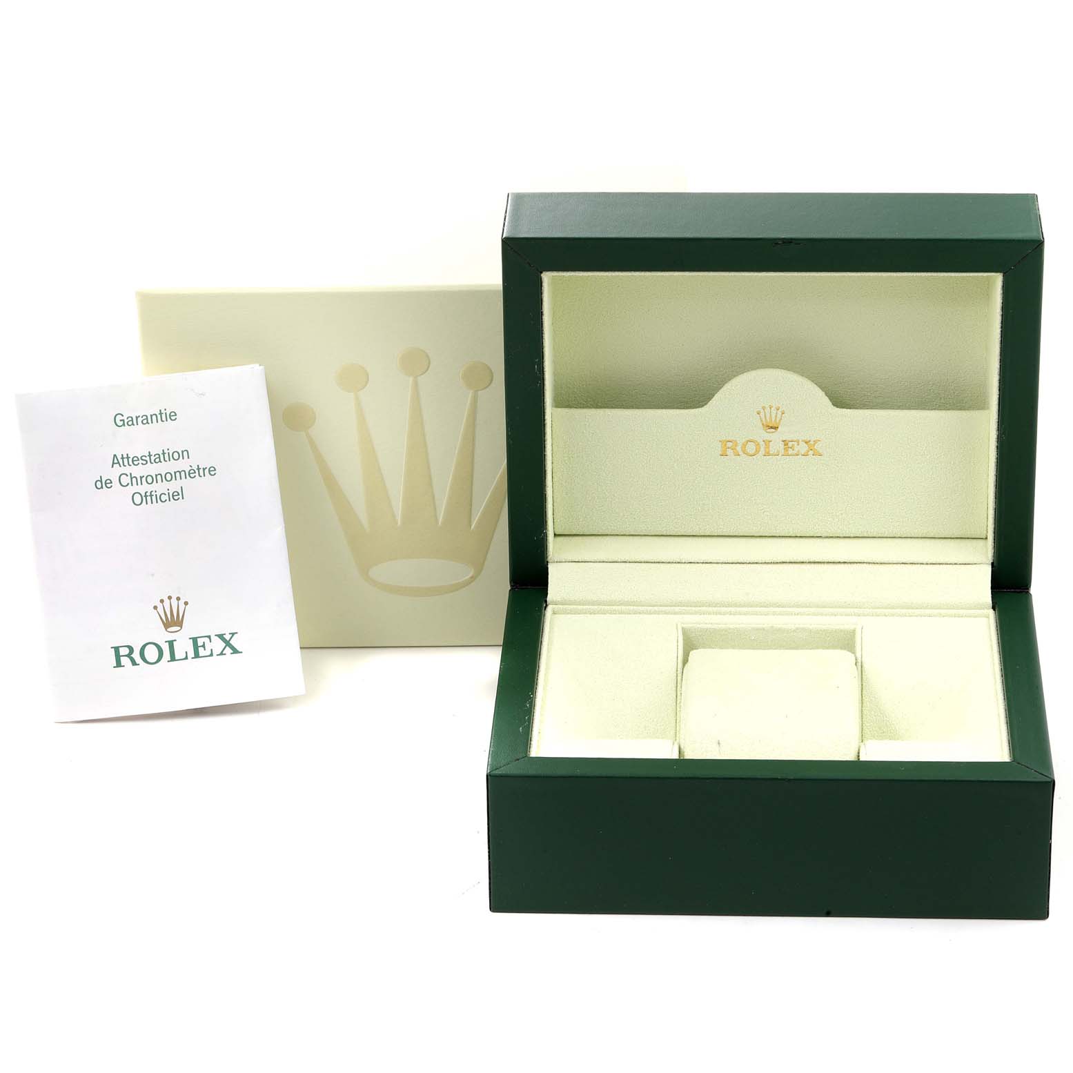 The image shows an open Rolex watch box for the Datejust model, along with the guarantee booklet and outer packaging.