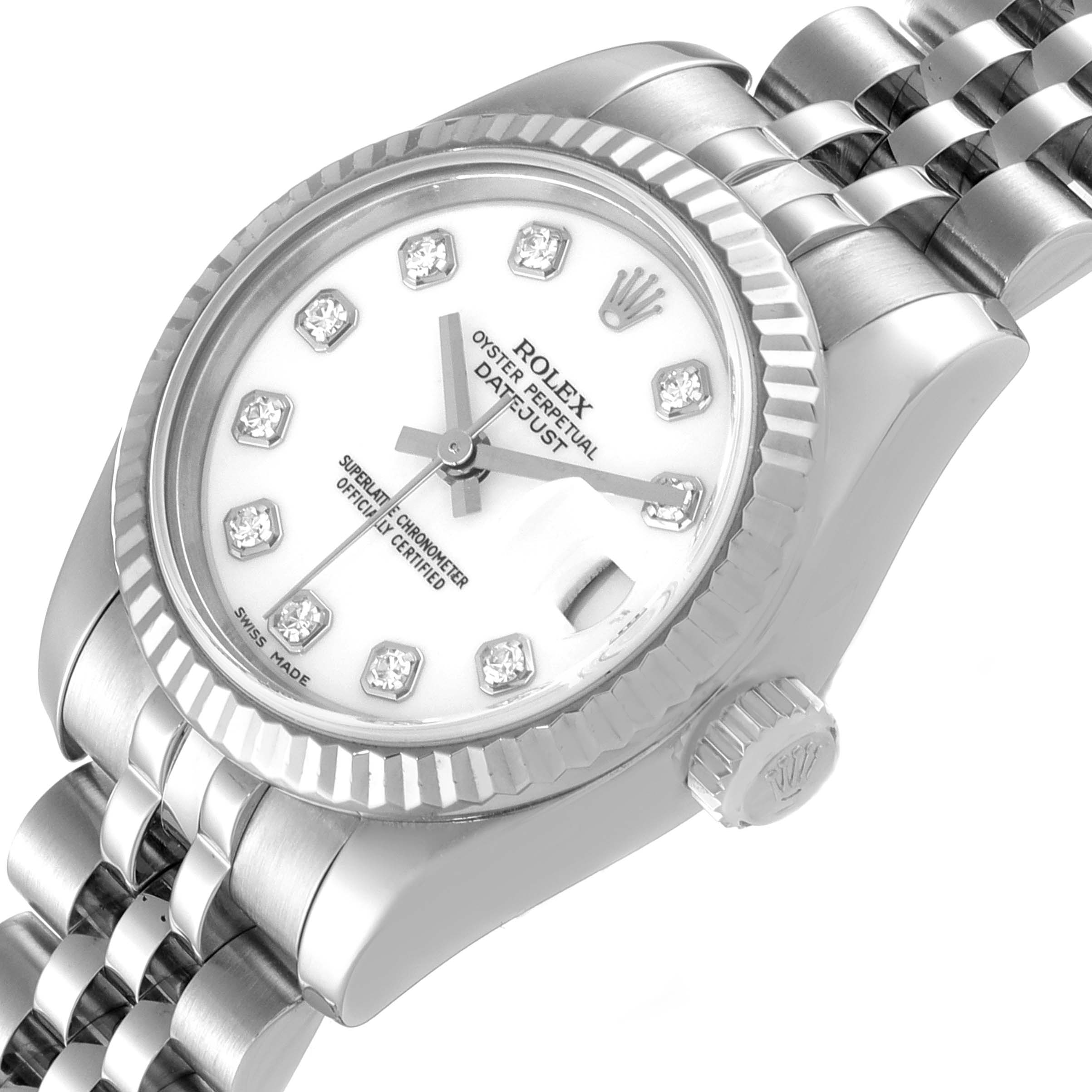 The image shows a Rolex Datejust 179174 Women's Stainless Steel White Dial 179174 Women's Stainless Steel White Dial watch angled slightly from above, highlighting its dial, bezel, crown, and part of the bracelet.