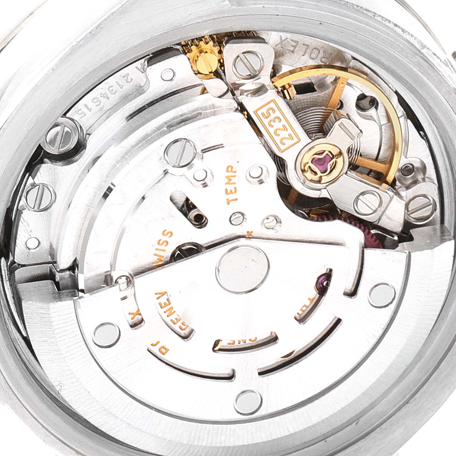 This is a close-up of the internal mechanism of a Rolex Datejust 179174 Women's Stainless Steel White Dial 179174 Women's Stainless Steel White Dial model watch, showing its intricate gears and components.
