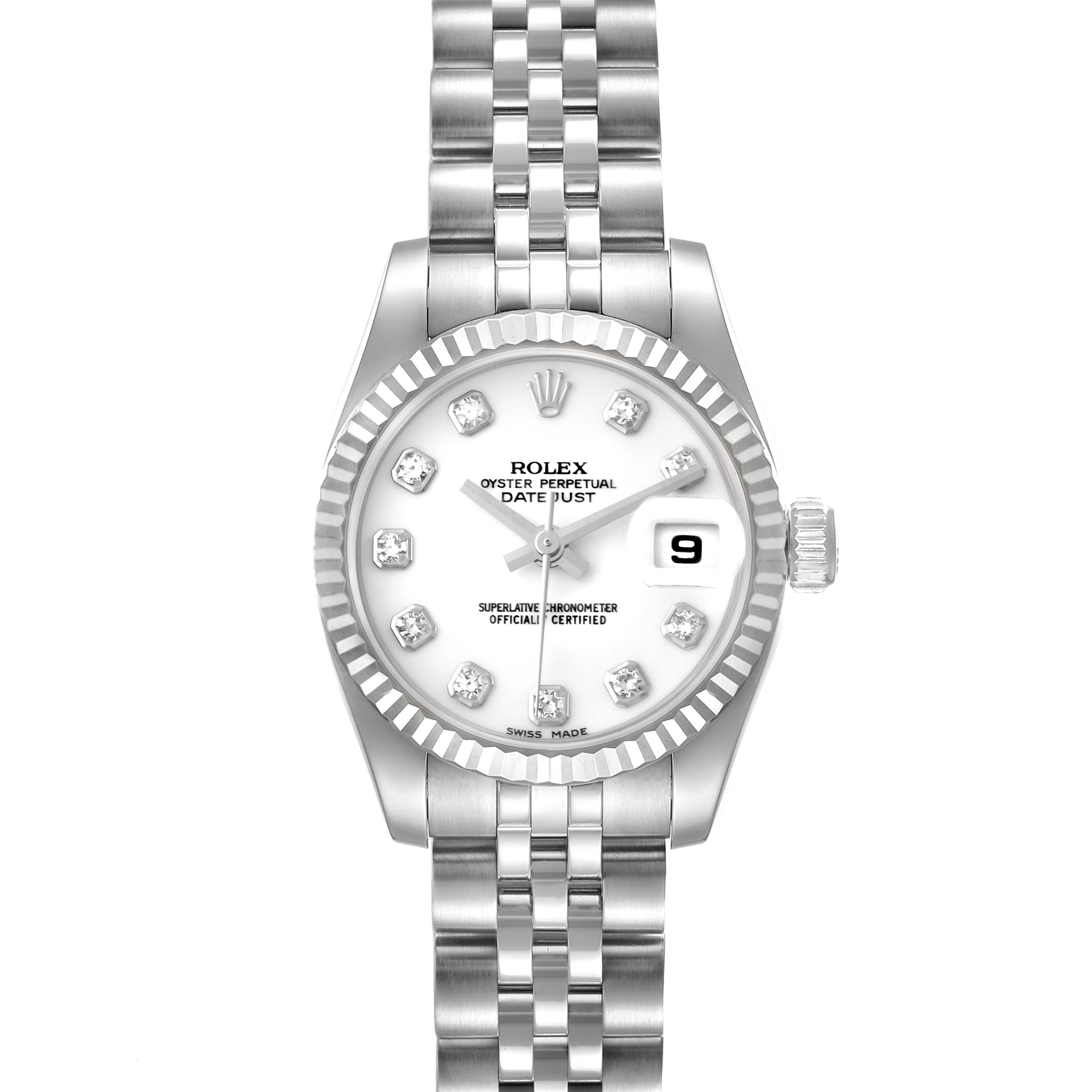 The image shows a front view of a Rolex Datejust 179174 Women's Stainless Steel White Dial 179174 Women's Stainless Steel White Dial watch, highlighting its white dial, jubilee bracelet, and date window.
