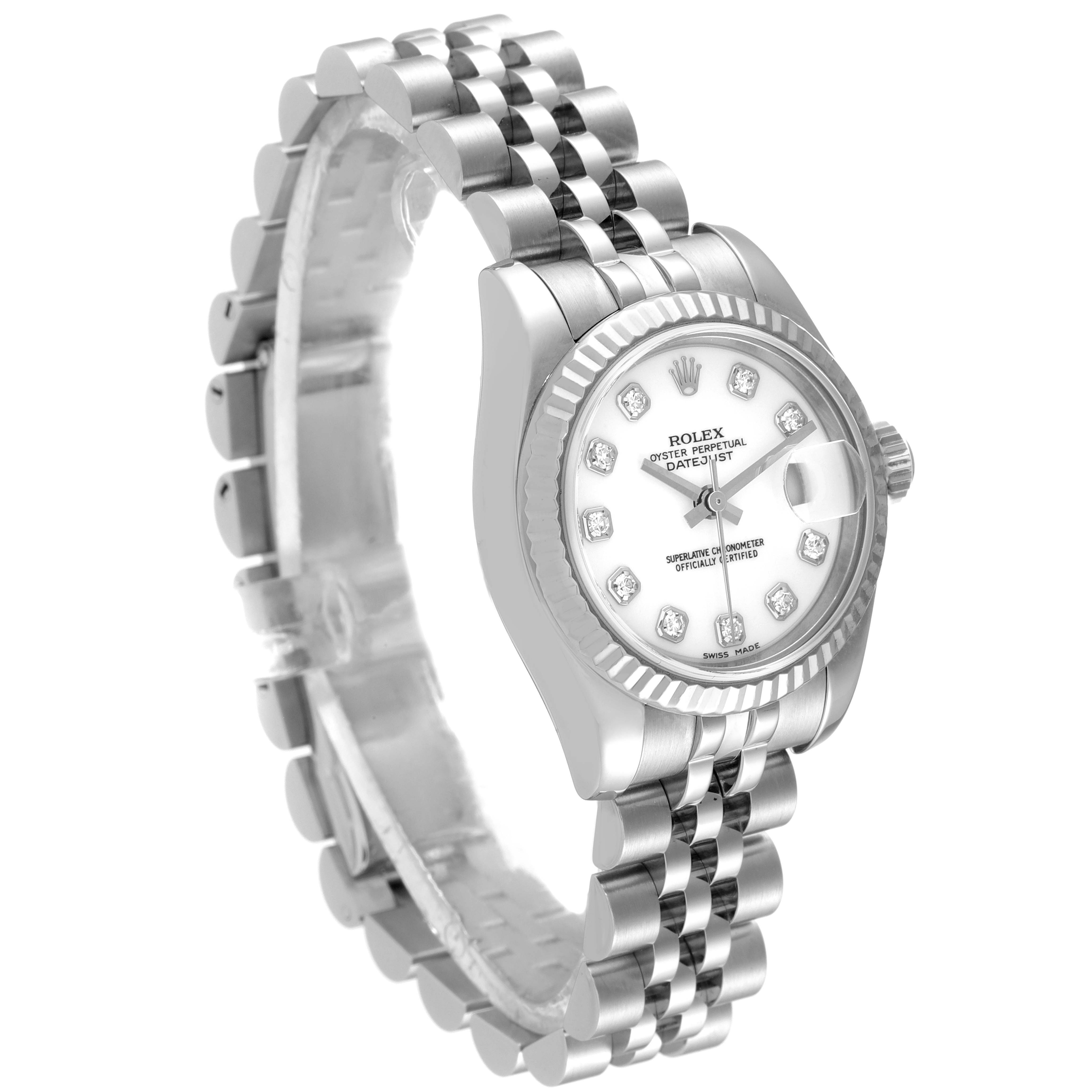 The image shows a Rolex Datejust 179174 Women's Stainless Steel White Dial 179174 Women's Stainless Steel White Dial watch from a side angle, displaying its bracelet, crown, and face with diamond markers.