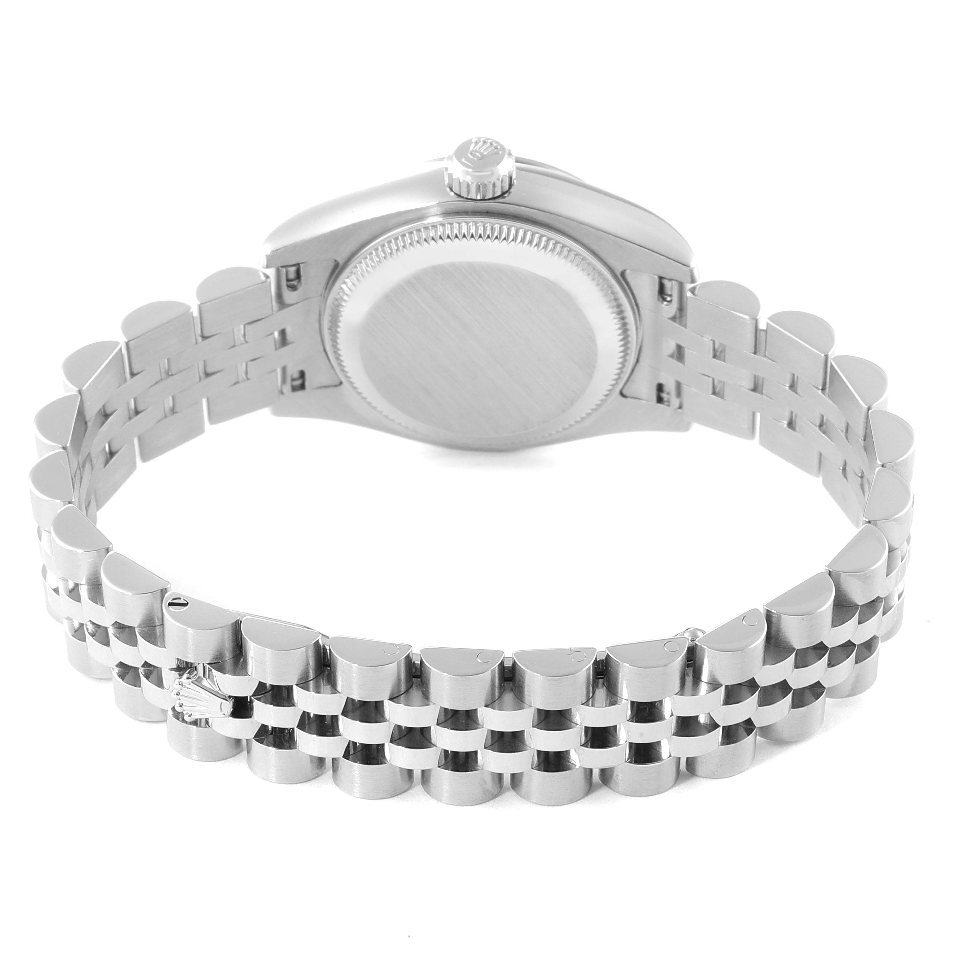 This image shows the back and bracelet of a Rolex Datejust 179174 Women's Stainless Steel White Dial 179174 Women's Stainless Steel White Dial watch from a rear angle.