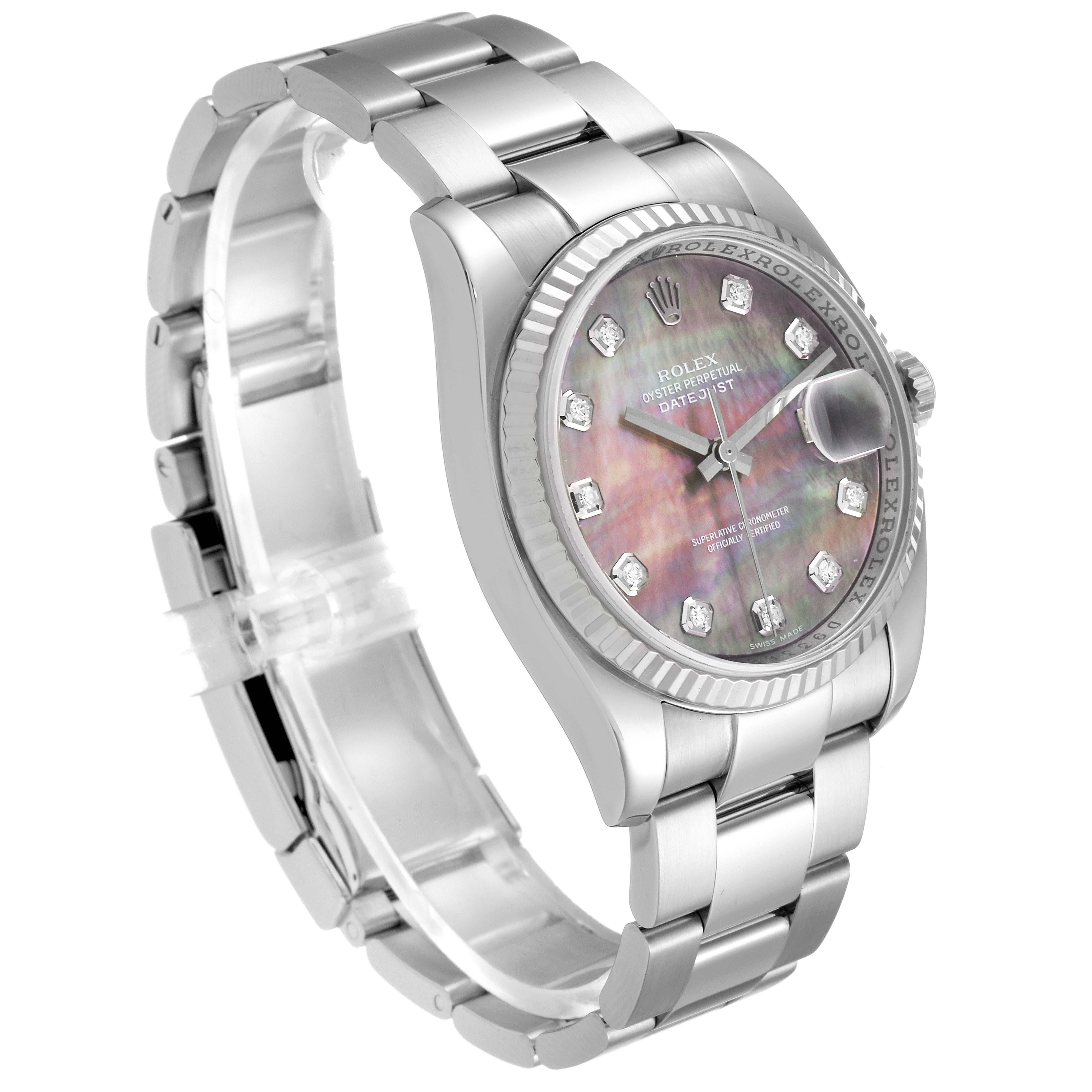 The image shows a Rolex Datejust 116234 Men's Stainless Steel Mother of Pearl Dial 116234 Men's Stainless Steel Mother of Pearl Dial watch from a three-quarter front angle, highlighting the face, fluted bezel, and bracelet.