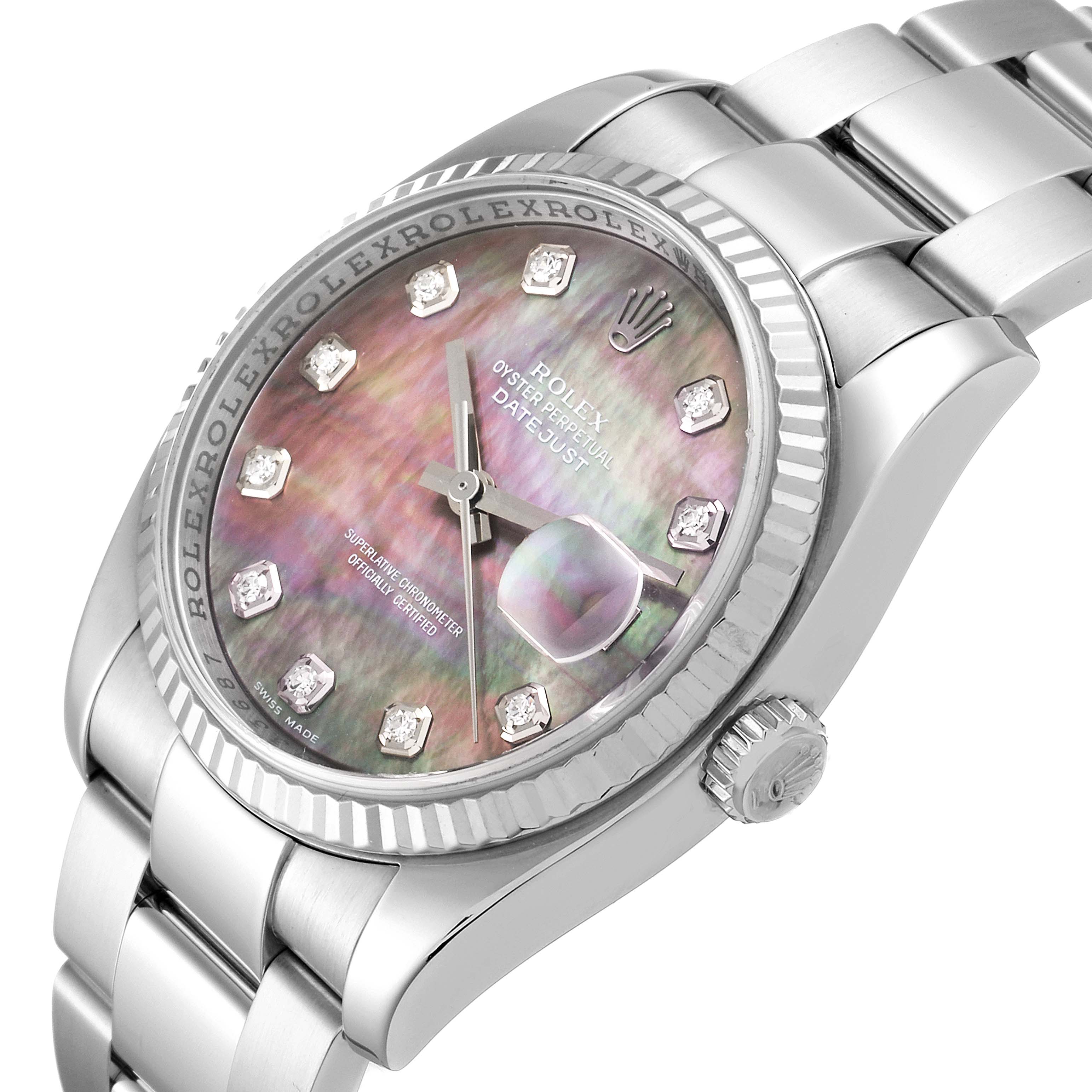 This Rolex Datejust 116234 Men's Stainless Steel Mother of Pearl Dial 116234 Men's Stainless Steel Mother of Pearl Dial watch is shown from a front-right angle, highlighting the bracelet, bezel, dial, and crown.