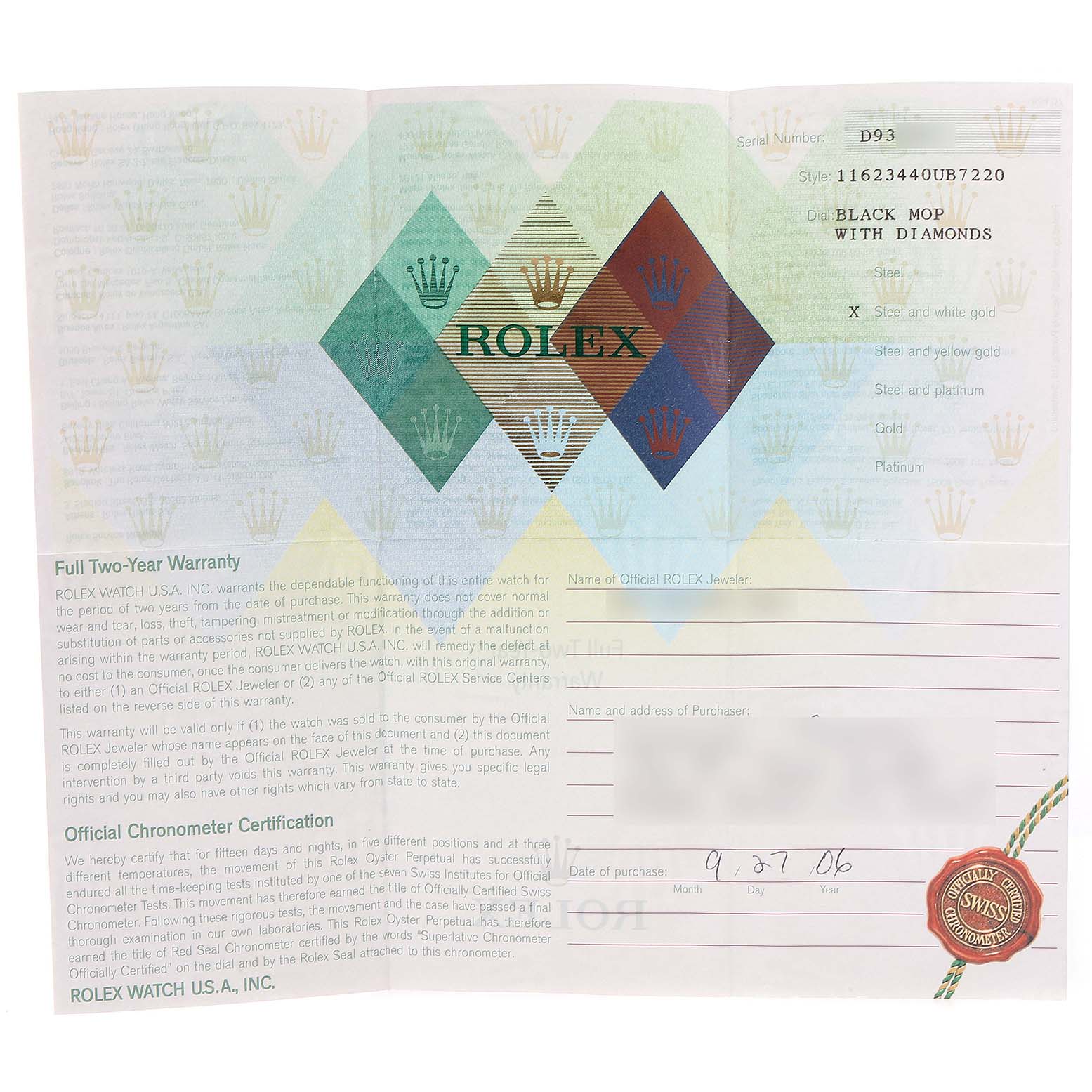 The image shows the warranty and certification paperwork for a Rolex Datejust 116234 Men's Stainless Steel Mother of Pearl Dial 116234 Men's Stainless Steel Mother of Pearl Dial watch with model details.
