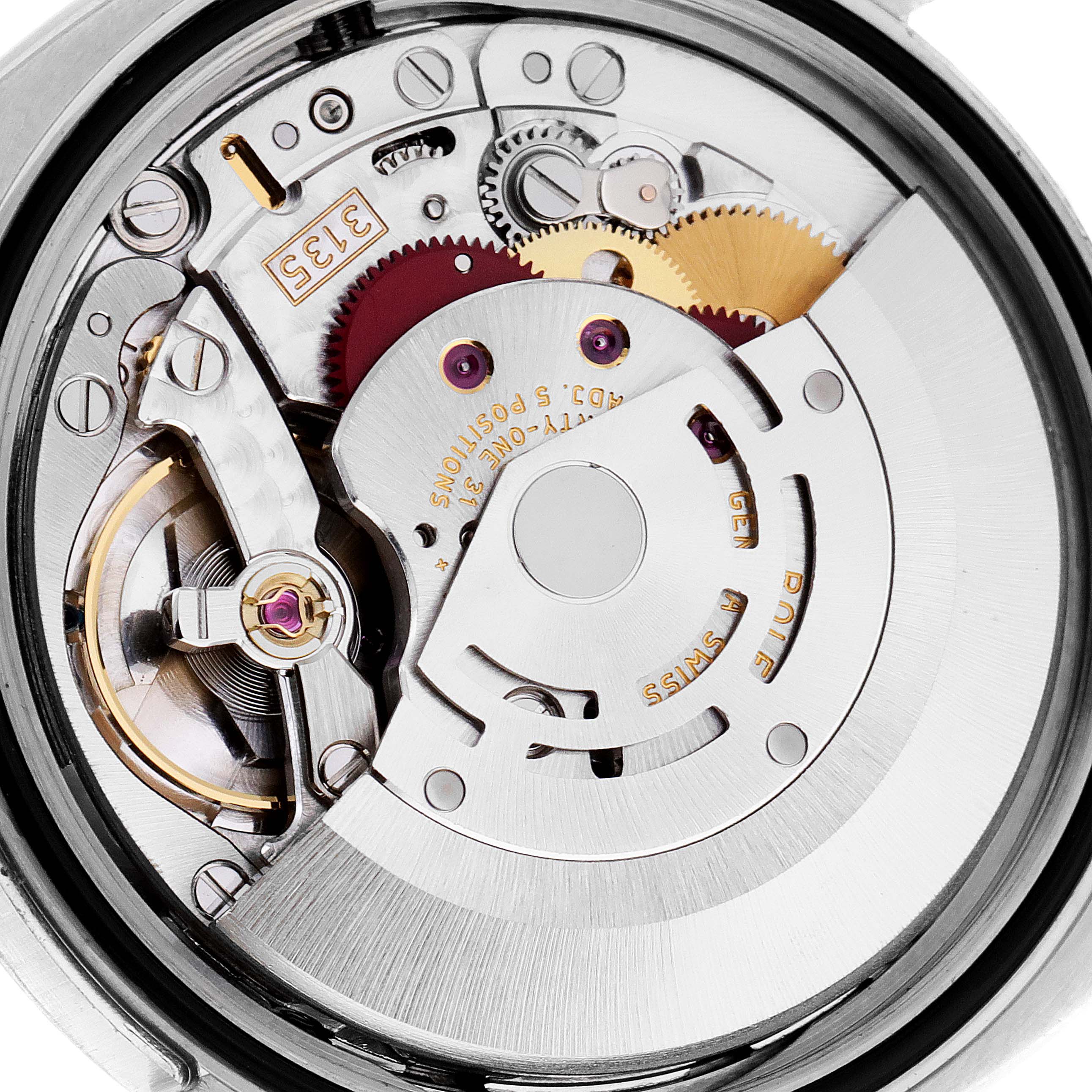 This image shows the internal mechanics and movement parts of a Rolex Datejust 116234 Men's Stainless Steel Mother of Pearl Dial 116234 Men's Stainless Steel Mother of Pearl Dial watch from a top-down angle.