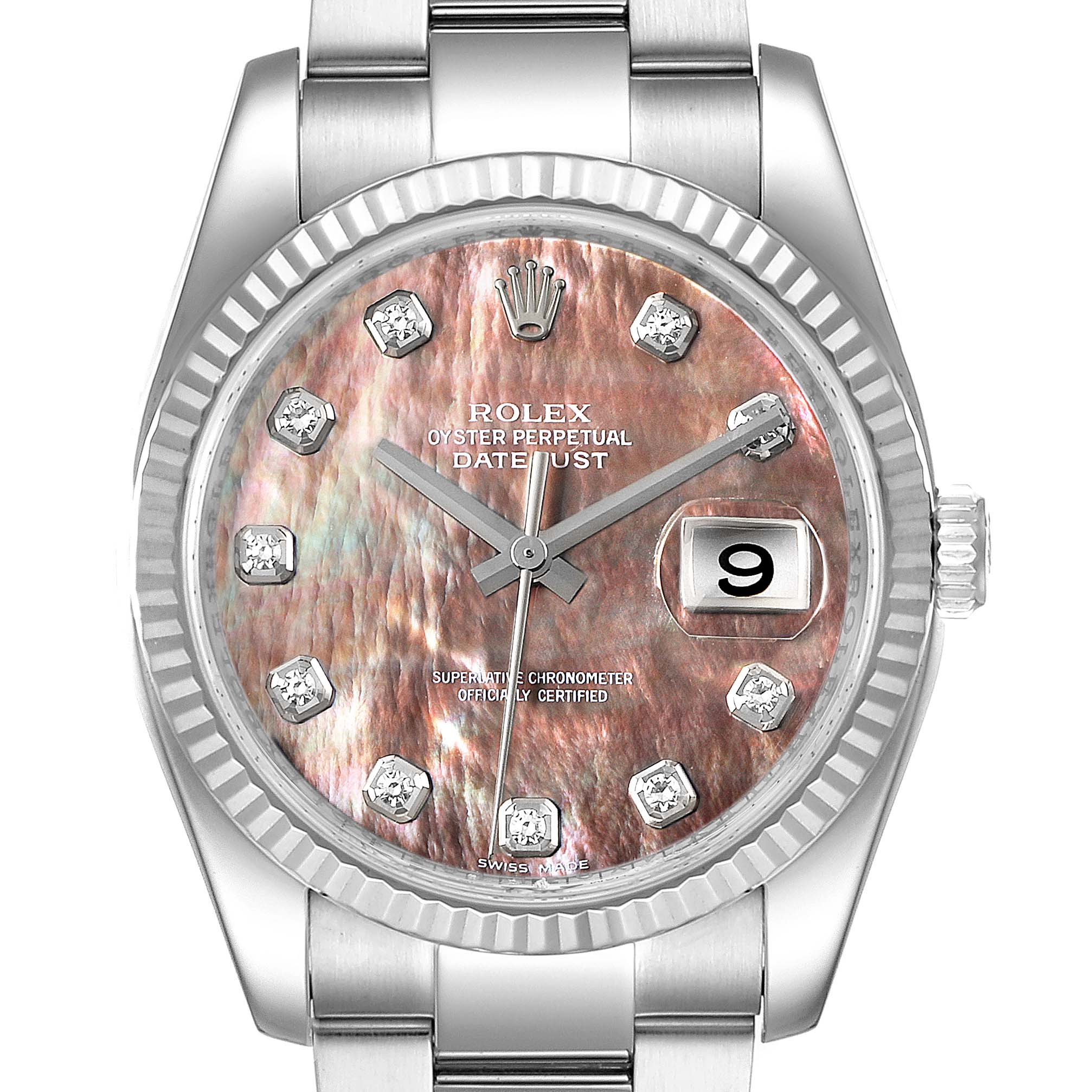 The image shows a front view of a Rolex Datejust 116234 Men's Stainless Steel Mother of Pearl Dial 116234 Men's Stainless Steel Mother of Pearl Dial watch, highlighting its face, dial, and bracelet.