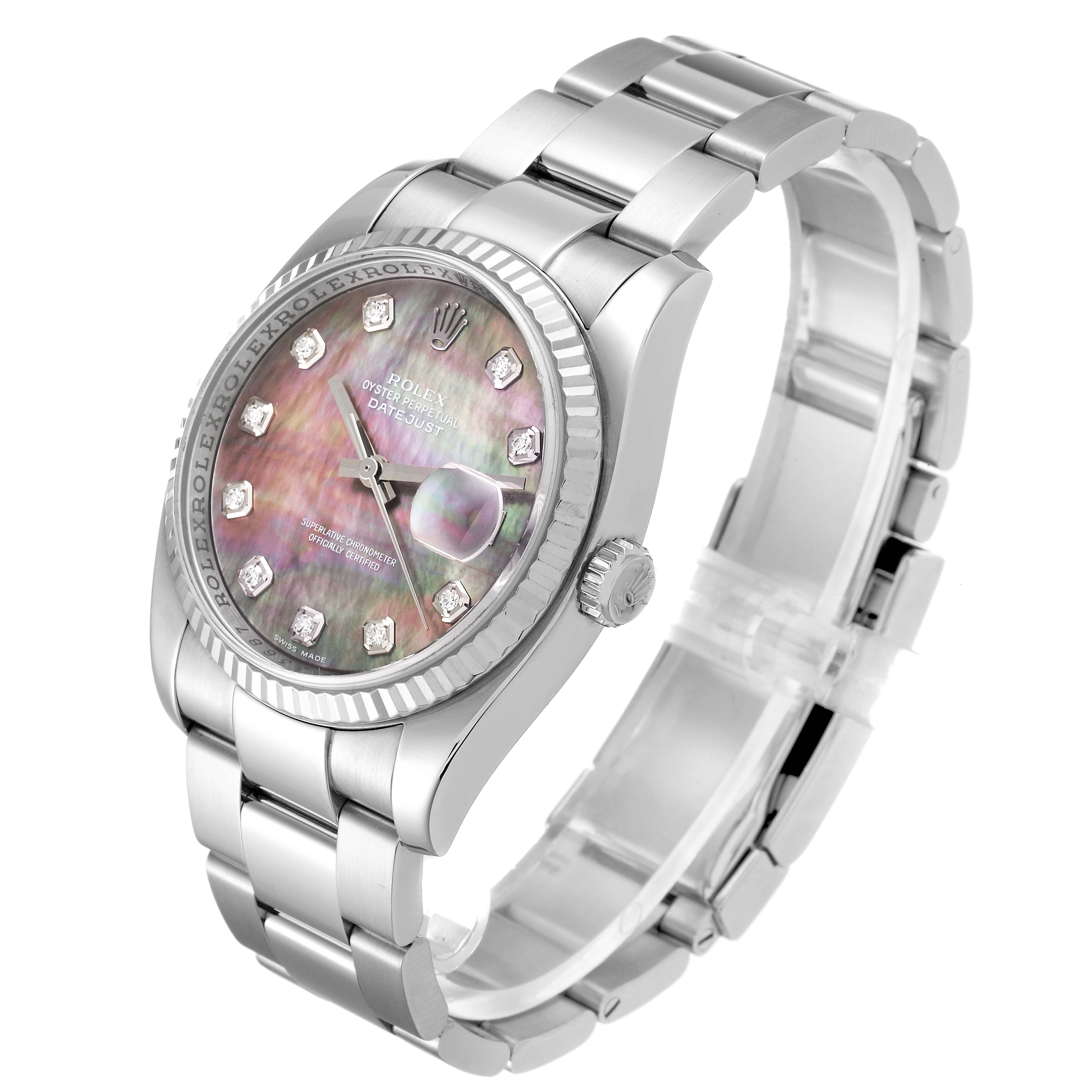 The image displays a Rolex Datejust 116234 Men's Stainless Steel Mother of Pearl Dial 116234 Men's Stainless Steel Mother of Pearl Dial watch at a slight angle, showcasing its dial, bezel, crown, and bracelet.
