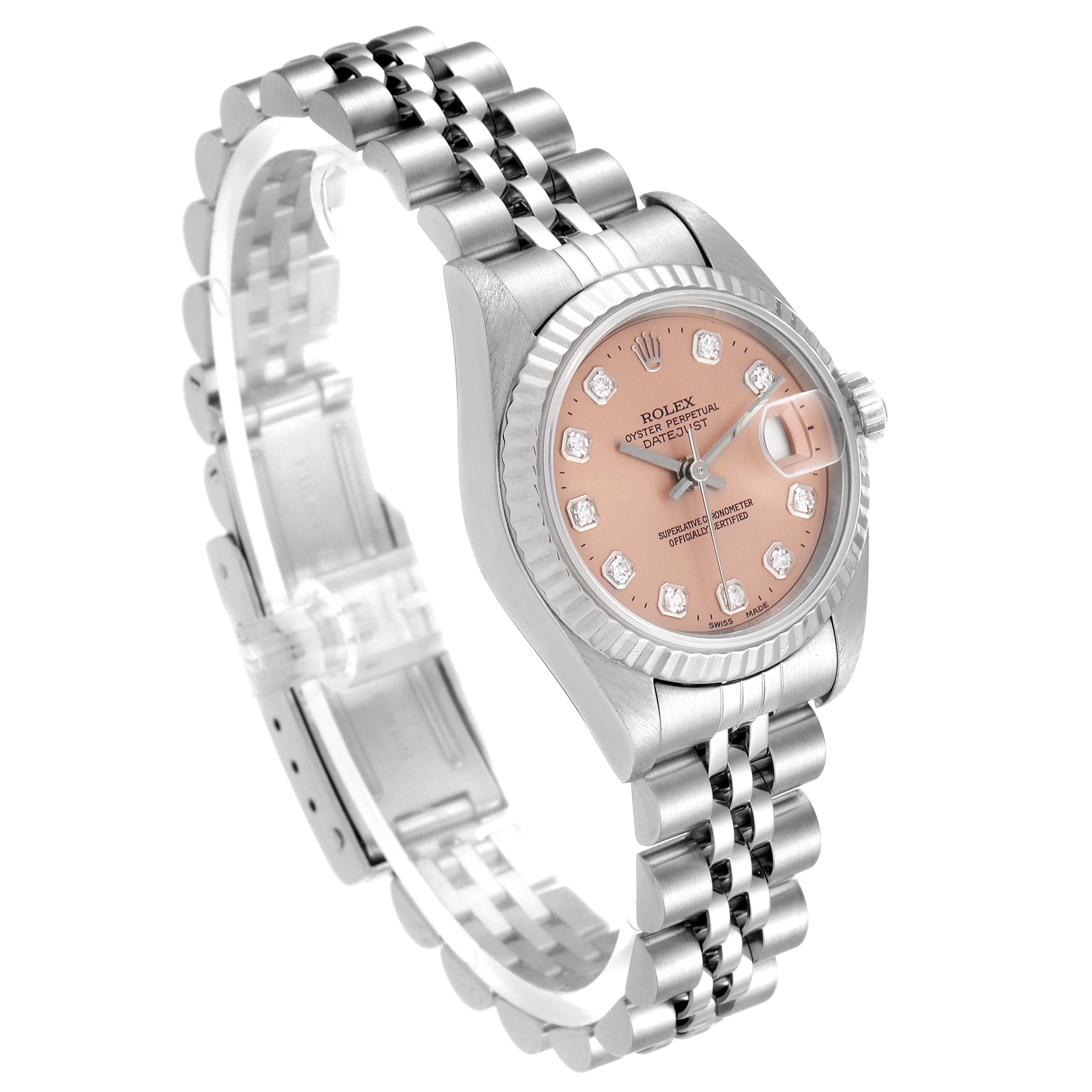 The image shows a Rolex Datejust 79174 Women's Stainless Steel Pink Dial 79174 Women's Stainless Steel Pink Dial watch at a three-quarter angle, highlighting the dial, bracelet, and partially the clasp.