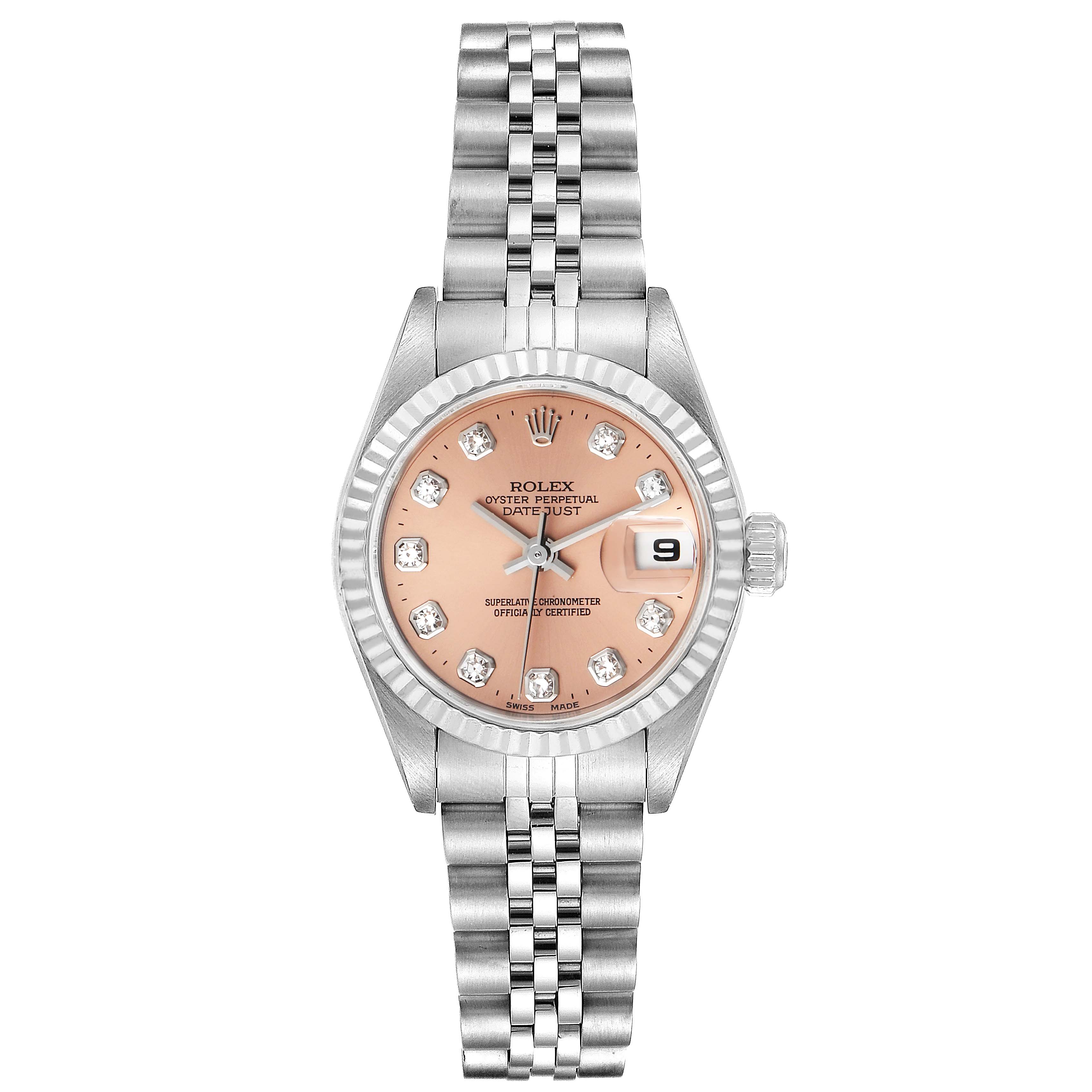 This image shows a frontal view of a Rolex Datejust 79174 Women's Stainless Steel Pink Dial 79174 Women's Stainless Steel Pink Dial watch, displaying its face, bezel, and bracelet.