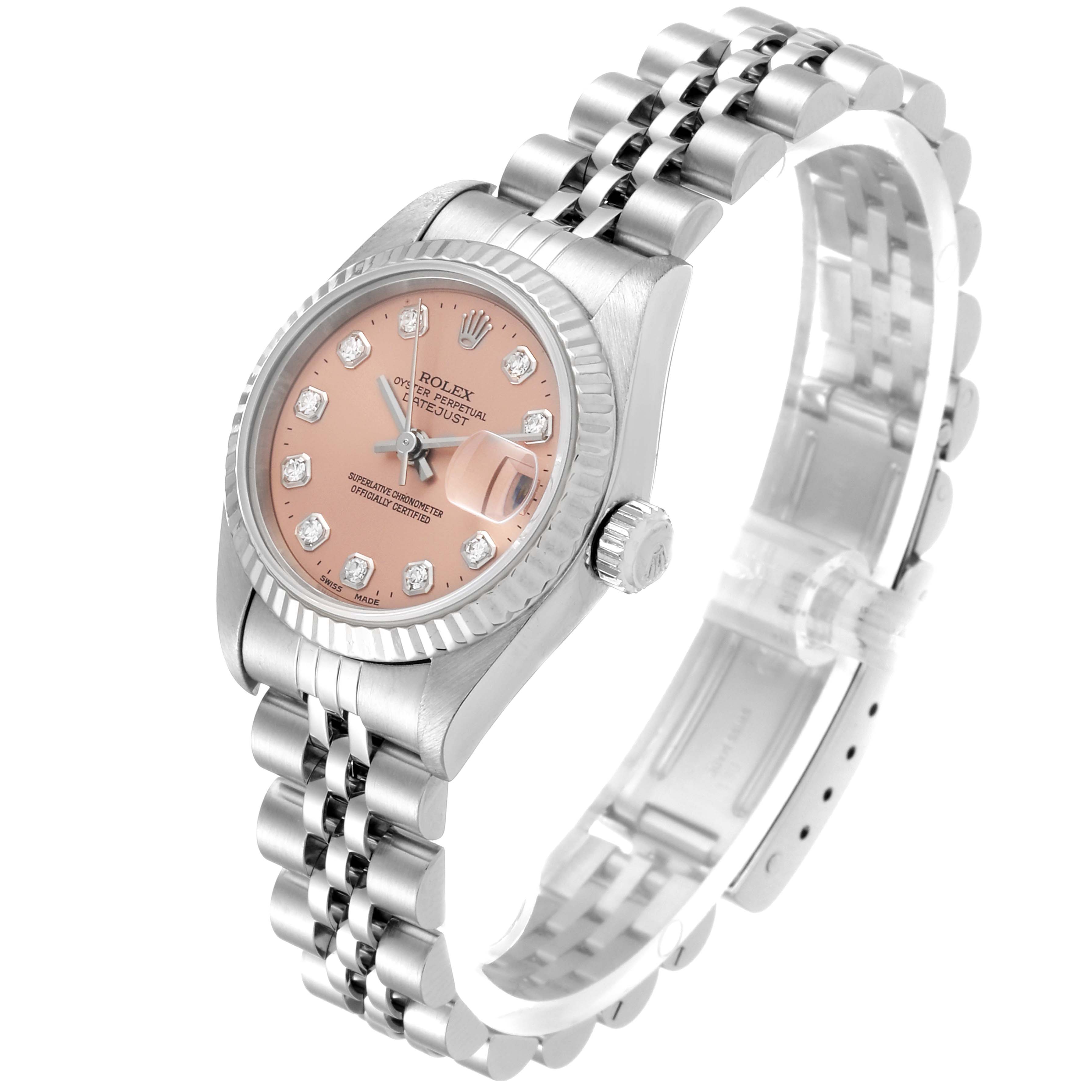 The image shows a Rolex Datejust 79174 Women's Stainless Steel Pink Dial 79174 Women's Stainless Steel Pink Dial watch at an angled view, featuring its face, bezel, crown, and metal bracelet.