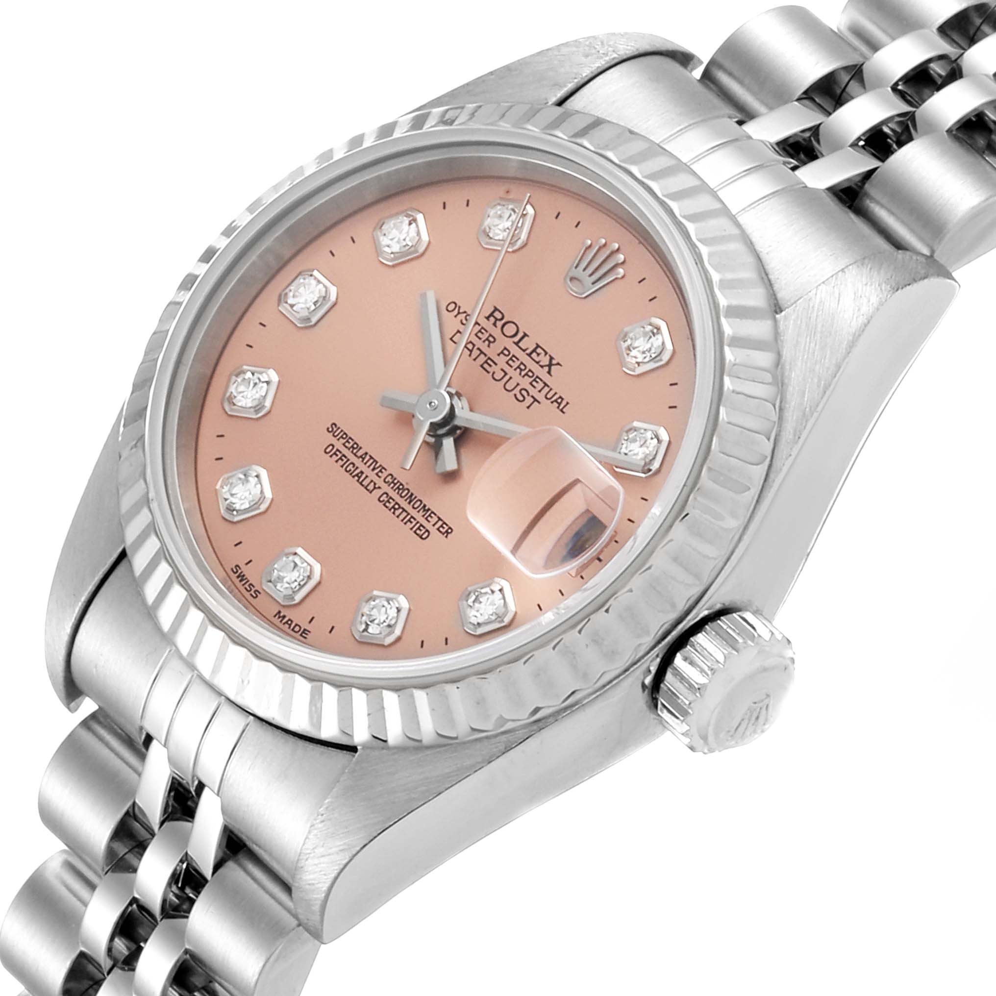 The image shows a close-up angled view of a Rolex Datejust 79174 Women's Stainless Steel Pink Dial 79174 Women's Stainless Steel Pink Dial watch, highlighting its face, bezel, crown, and part of the bracelet.