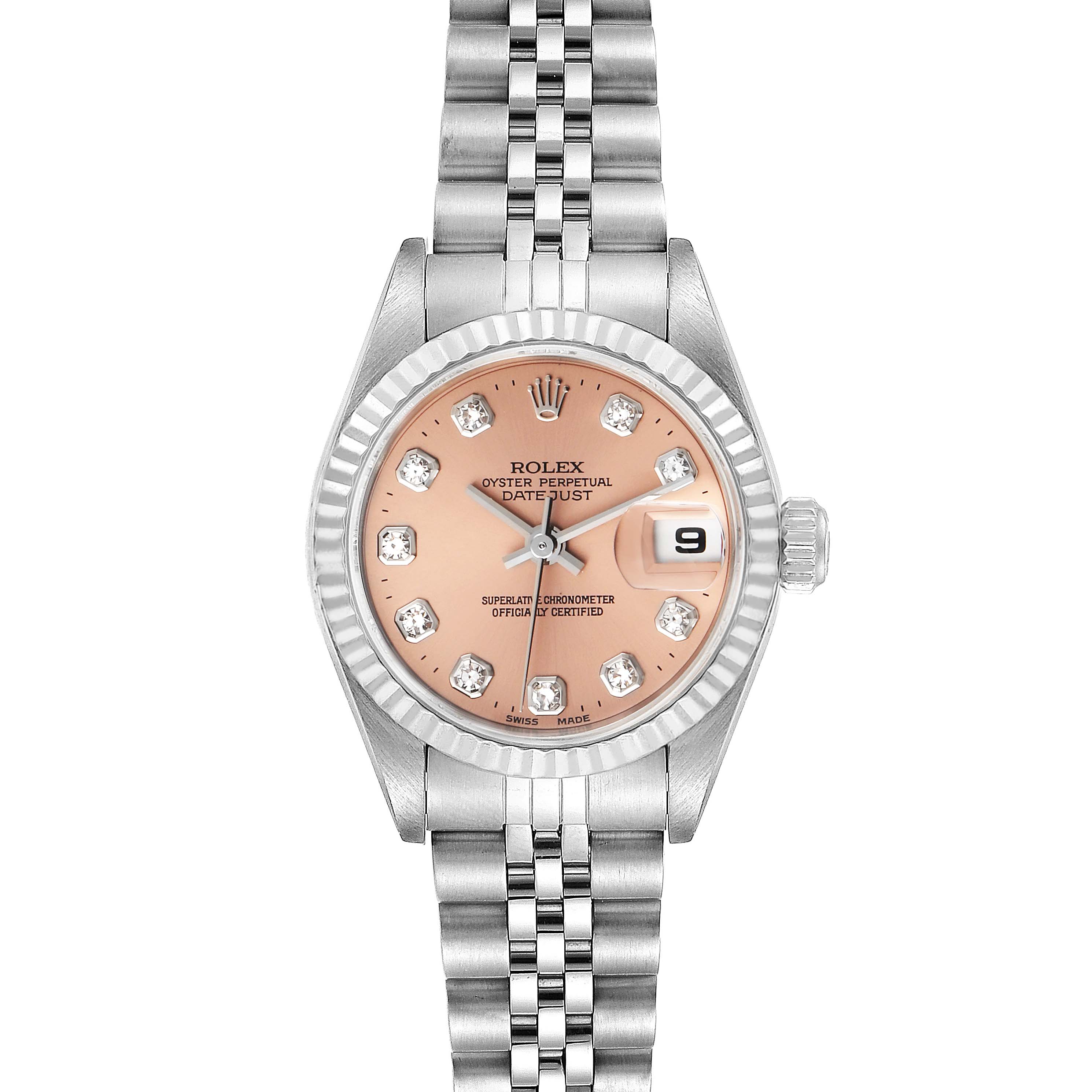 This image shows a front view of a Rolex Datejust 79174 Women's Stainless Steel Pink Dial 79174 Women's Stainless Steel Pink Dial watch, displaying the dial, bezel, and bracelet.