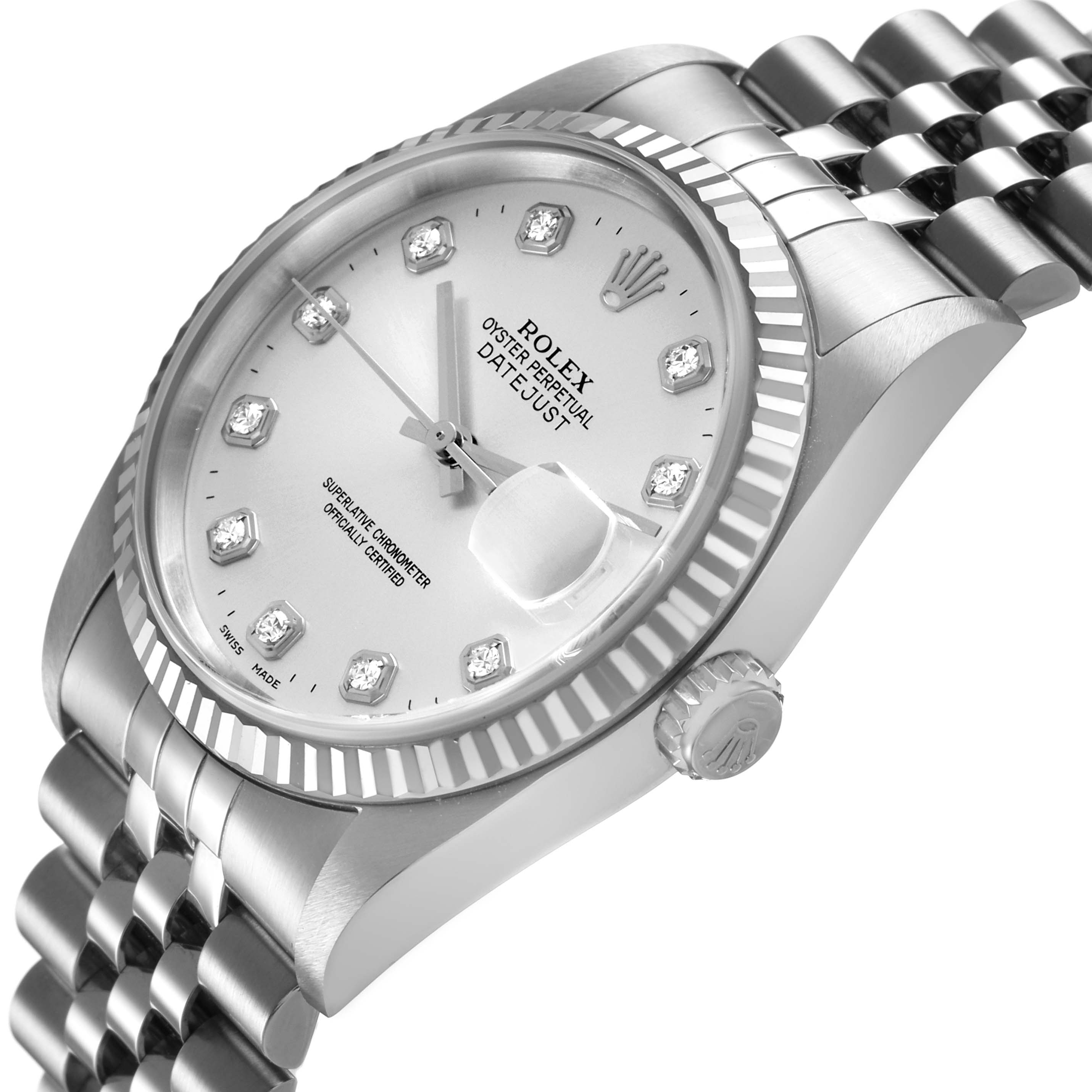 The image shows a Rolex Datejust 16234 Men's Stainless Steel Silver Dial watch at an angled view, highlighting the face, diamond hour markers, bezel, crown, and bracelet.